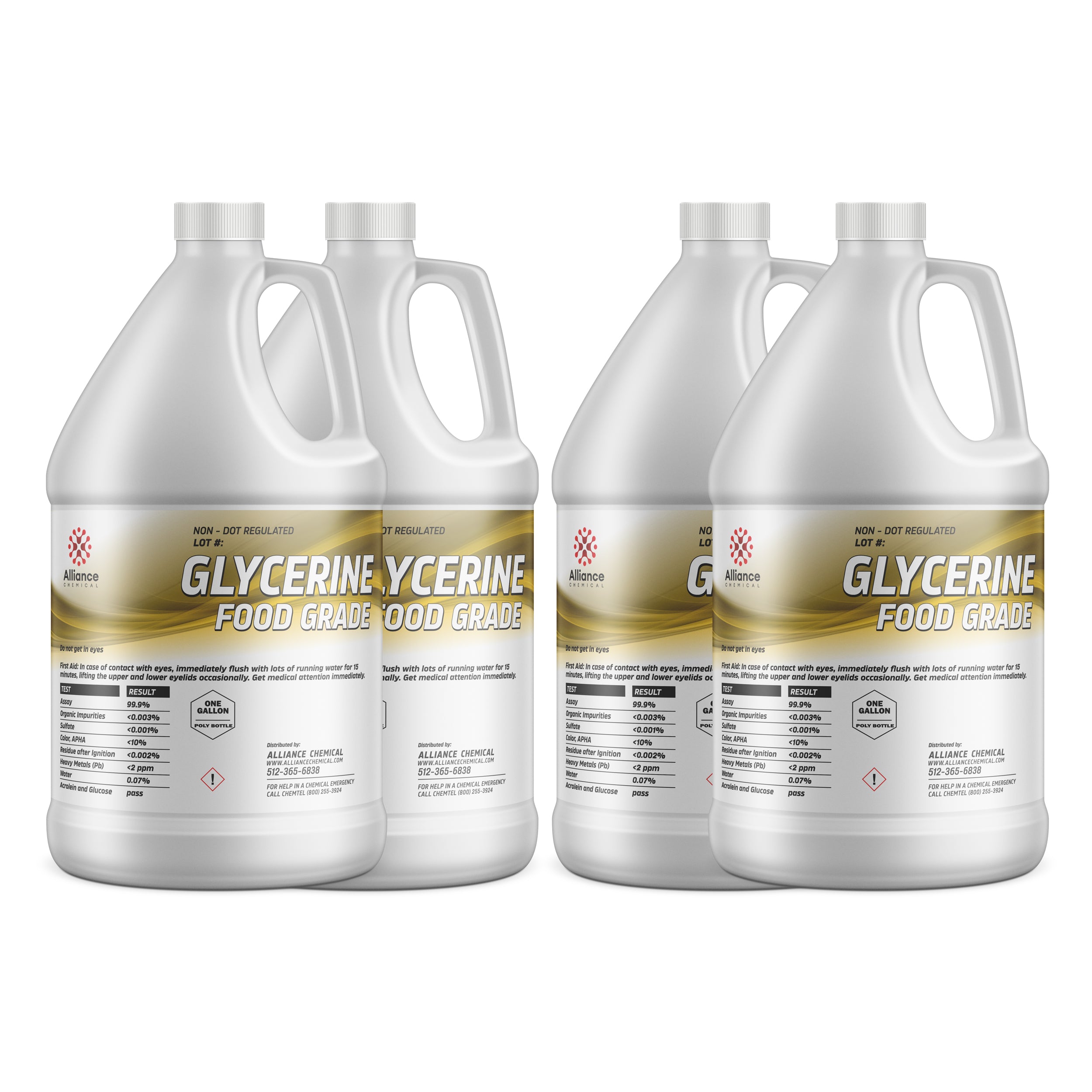 4x1-gallon Food Grade Glycerine containers by Alliance Chemical, 99.5% pure, with warning labels and white HDPE jugs, DOT non-regulated, hazard symbol 1.