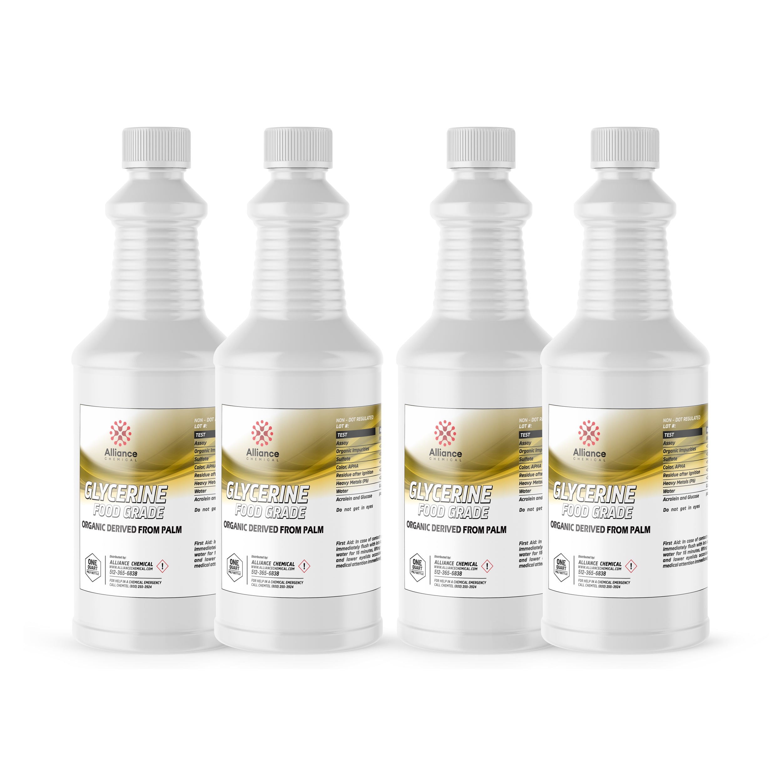 4-quart set of food-grade glycerine in white HDPE bottles, palm-derived organic formula by Alliance Chemical, with safety warnings and sealed caps.