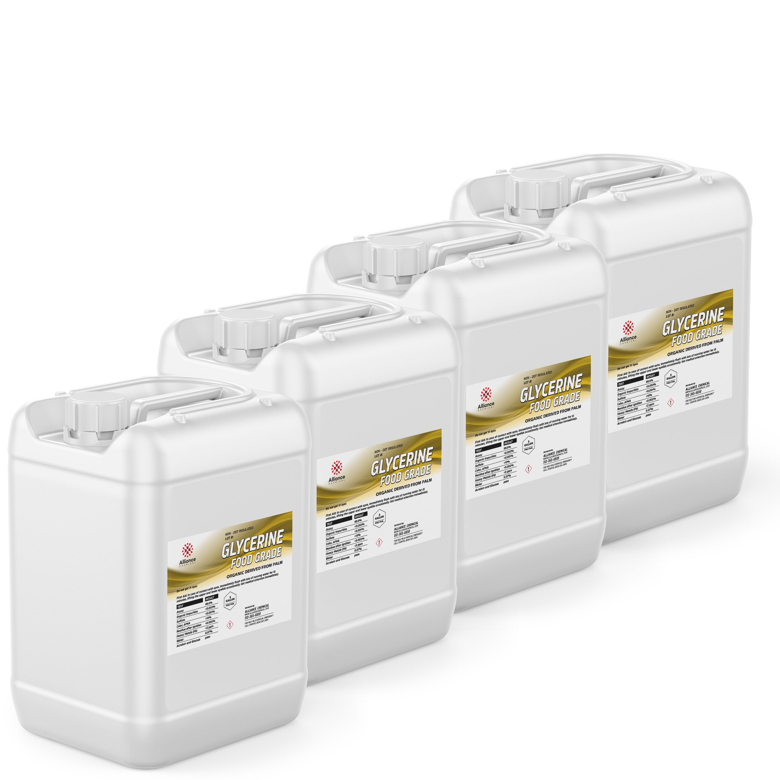 20-gallon (4x5gal) food-grade glycerine in white HDPE containers with gold-labeled safety data sheets, screw-cap closure system, industrial bulk packaging.