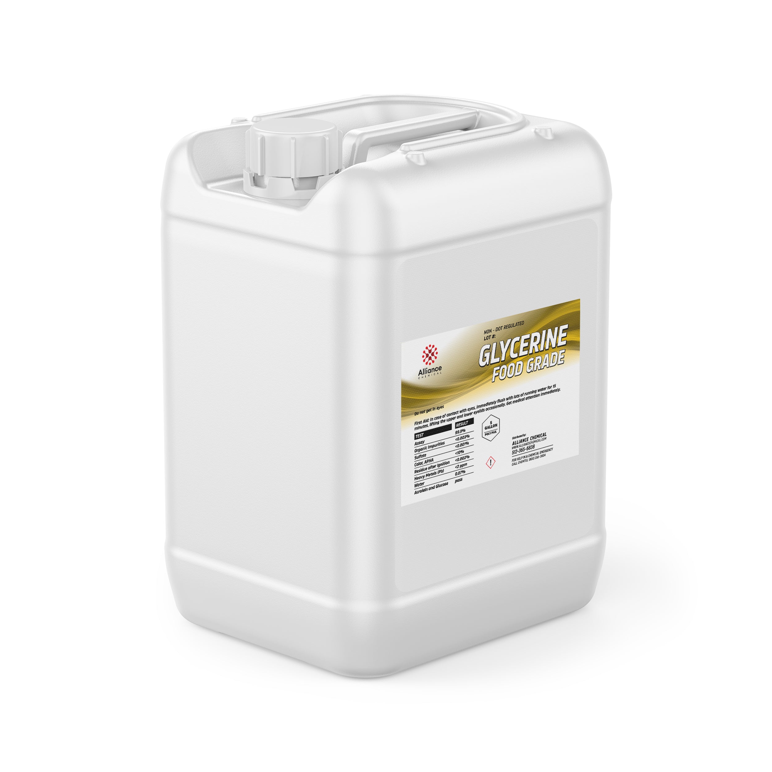 5-gallon white HDPE container of Food Grade Glycerine by Alliance Chemical, featuring safety data label and secure screw-top cap, industrial bulk packaging.