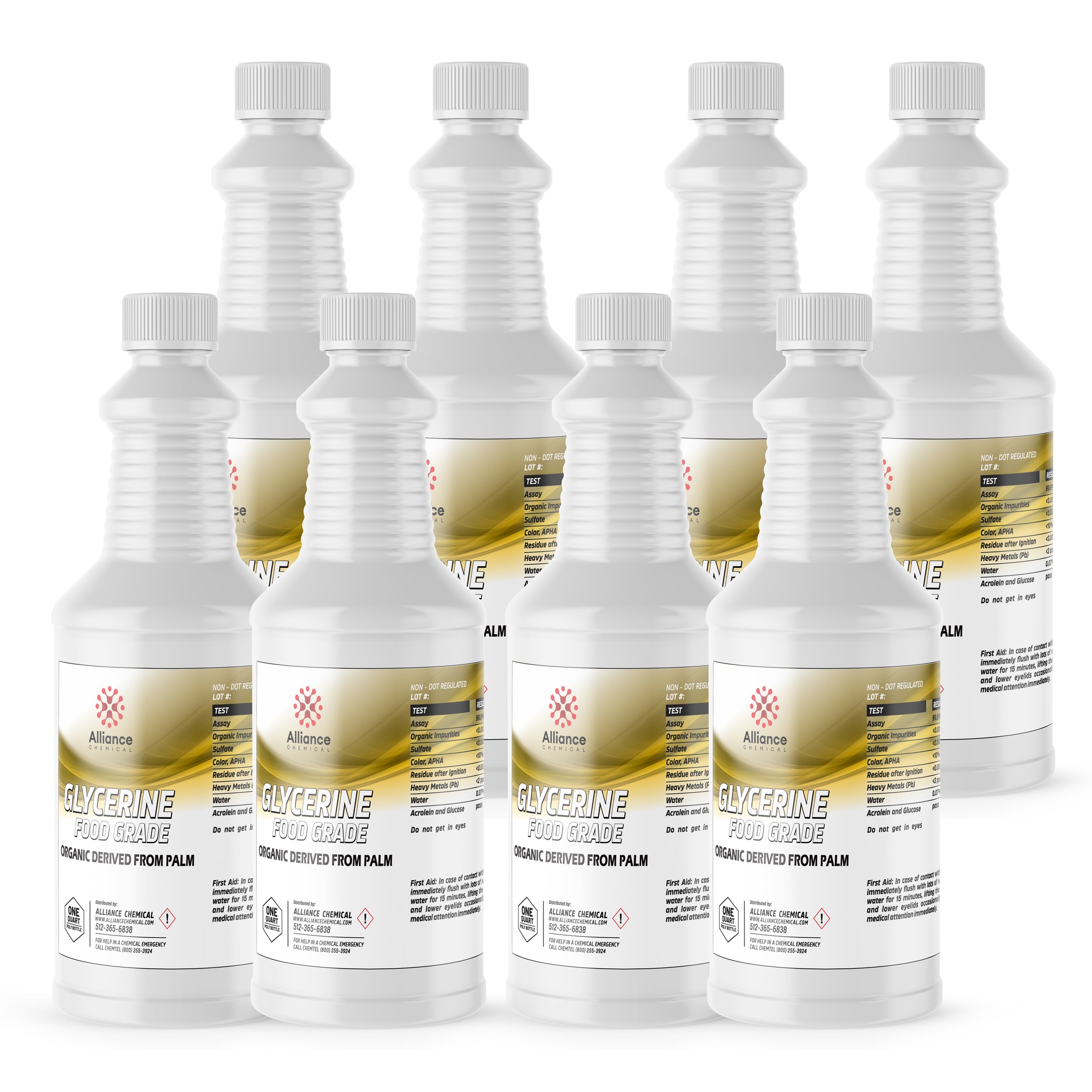 8x1 quart bottles of Alliance Chemical food-grade glycerine, palm-derived USP, in white HDPE containers with safety-sealed caps and hazard symbol.