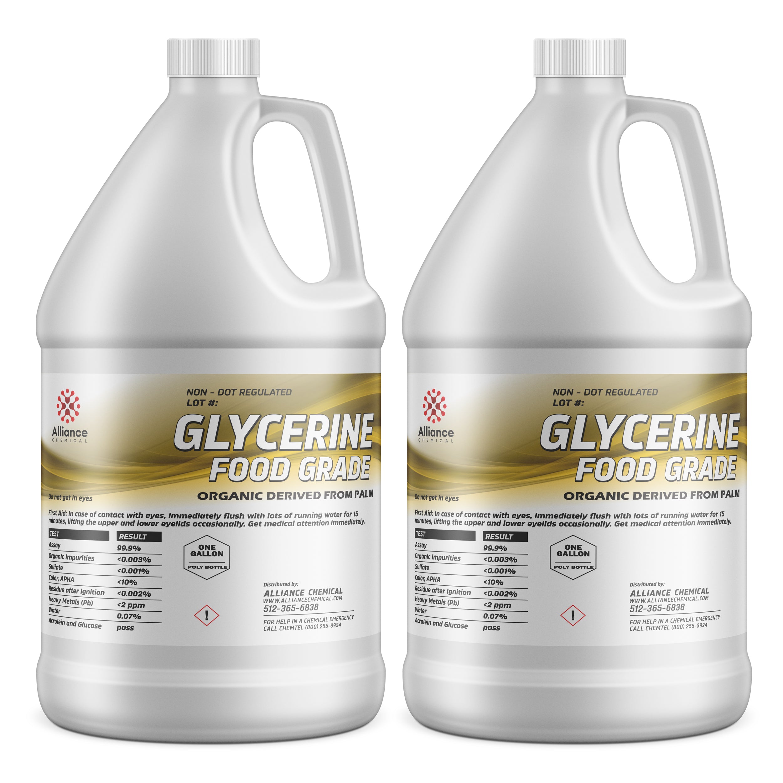 Two 1-gallon HDPE bottles of food-grade glycerine, palm-derived, 99.9% pure, with safety warnings and DOT non-regulated labels from Alliance Chemical.
