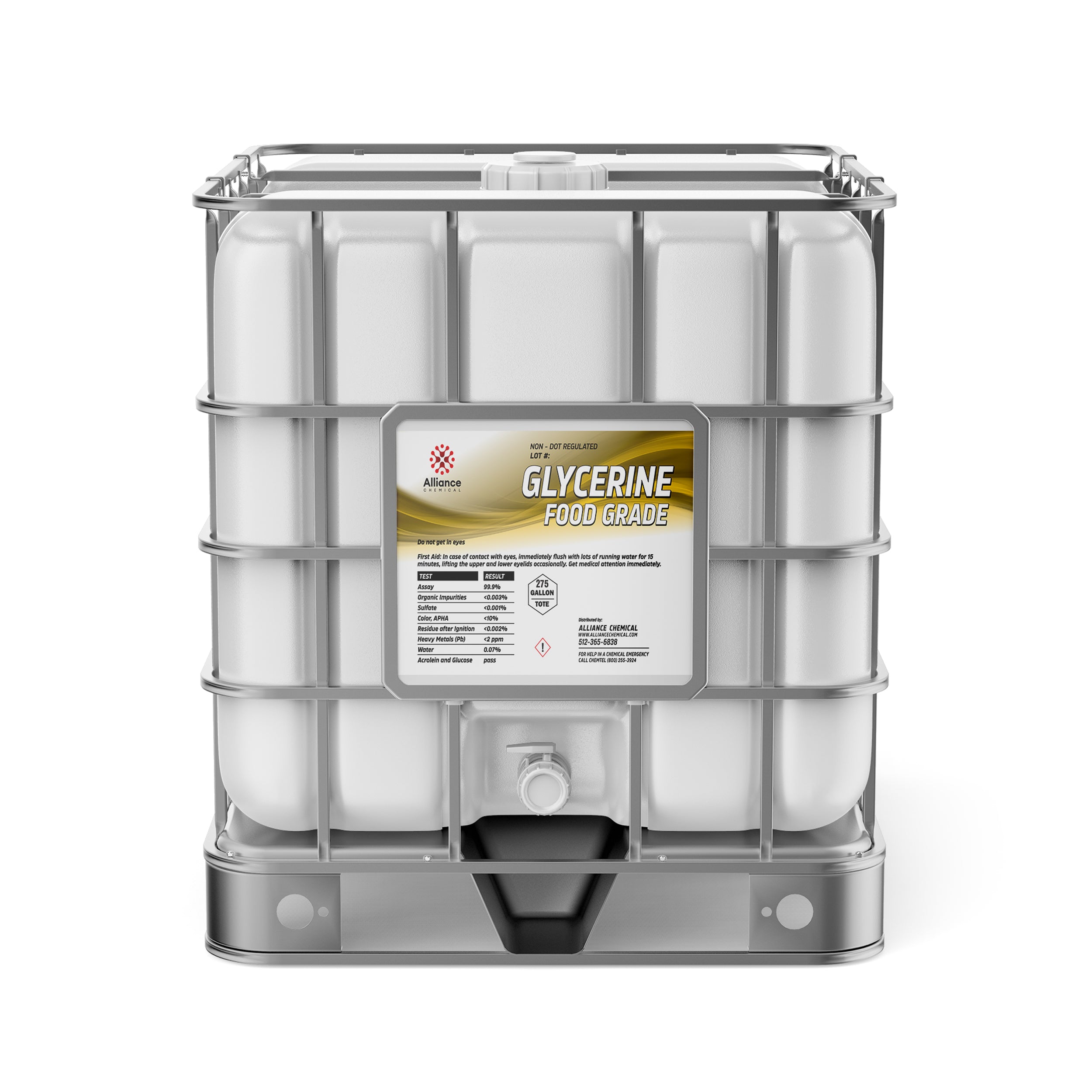 275-gallon IBC tote of Food Grade Glycerine by Alliance Chemical, white bulk container with metal cage frame, hazard symbol, dispensing valve, product label.