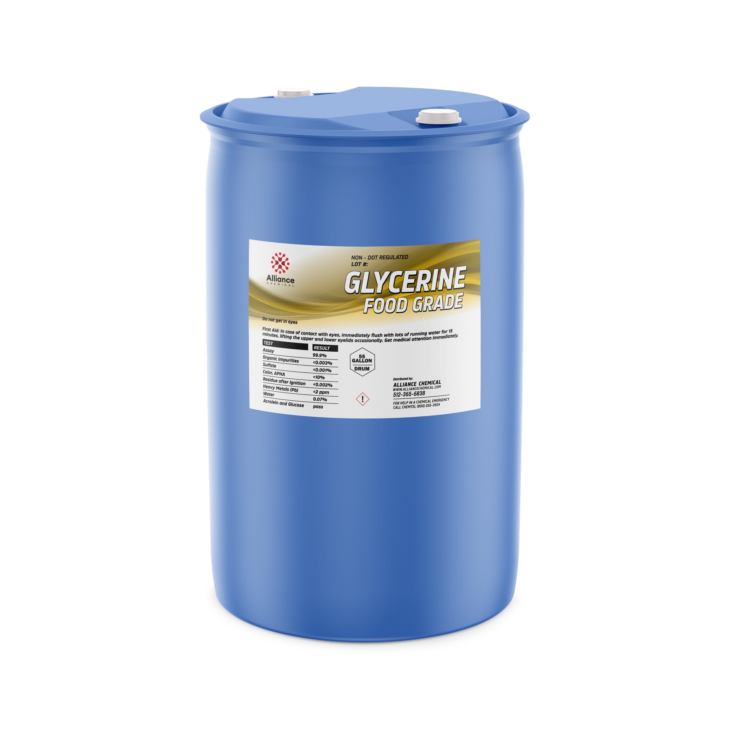 55-gallon blue HDPE drum of Alliance Chemical food-grade glycerine with non-DOT regulated label, safety information, and dual-port sealed lid.