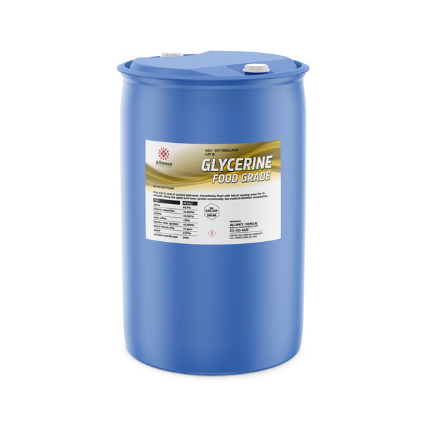 55-gallon HDPE drum of Alliance Chemical food-grade glycerine with non-DOT regulated label, safety information, and sealed