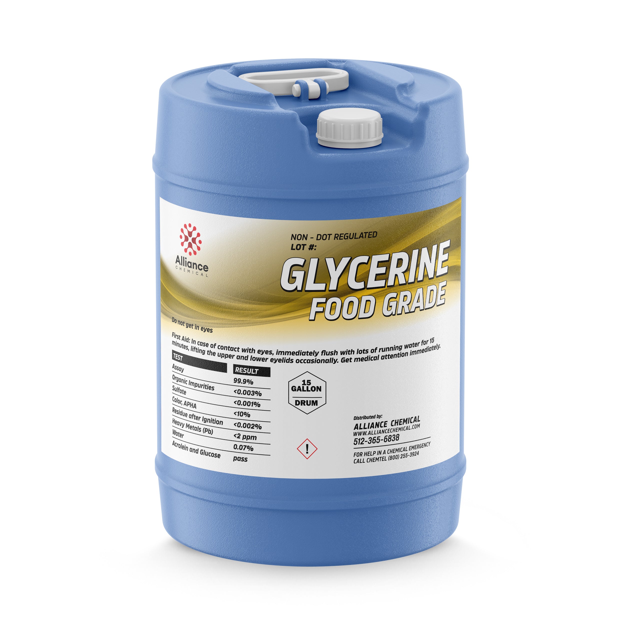 15-gallon blue HDPE drum of food-grade glycerine (99.9% purity) with safety warnings, chemical specifications, and GHS hazard symbol.