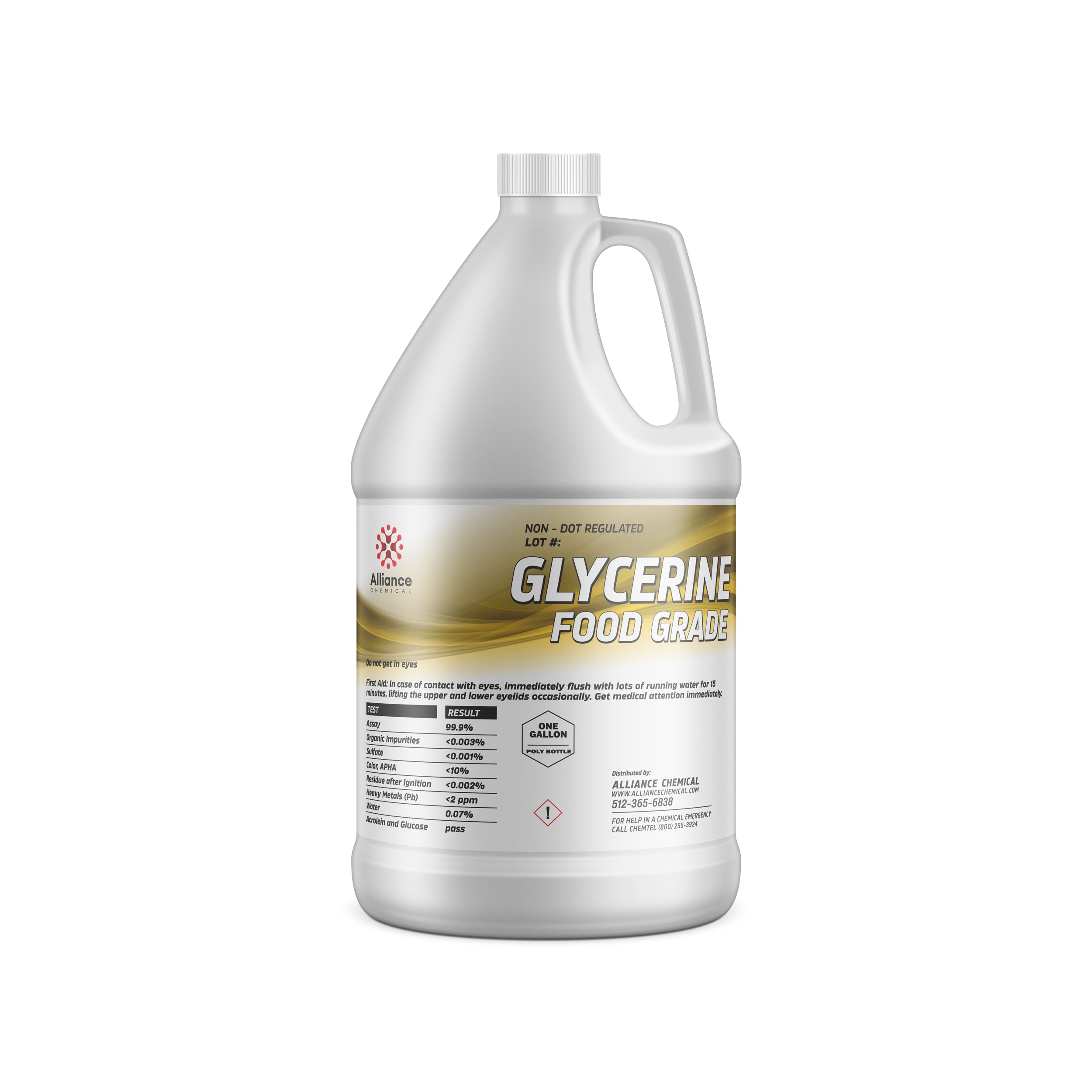One-gallon white HDPE jug of Alliance Chemical Food Grade Glycerine, 99.9% pure, with safety warning label and DOT non-regulated status indicator.
