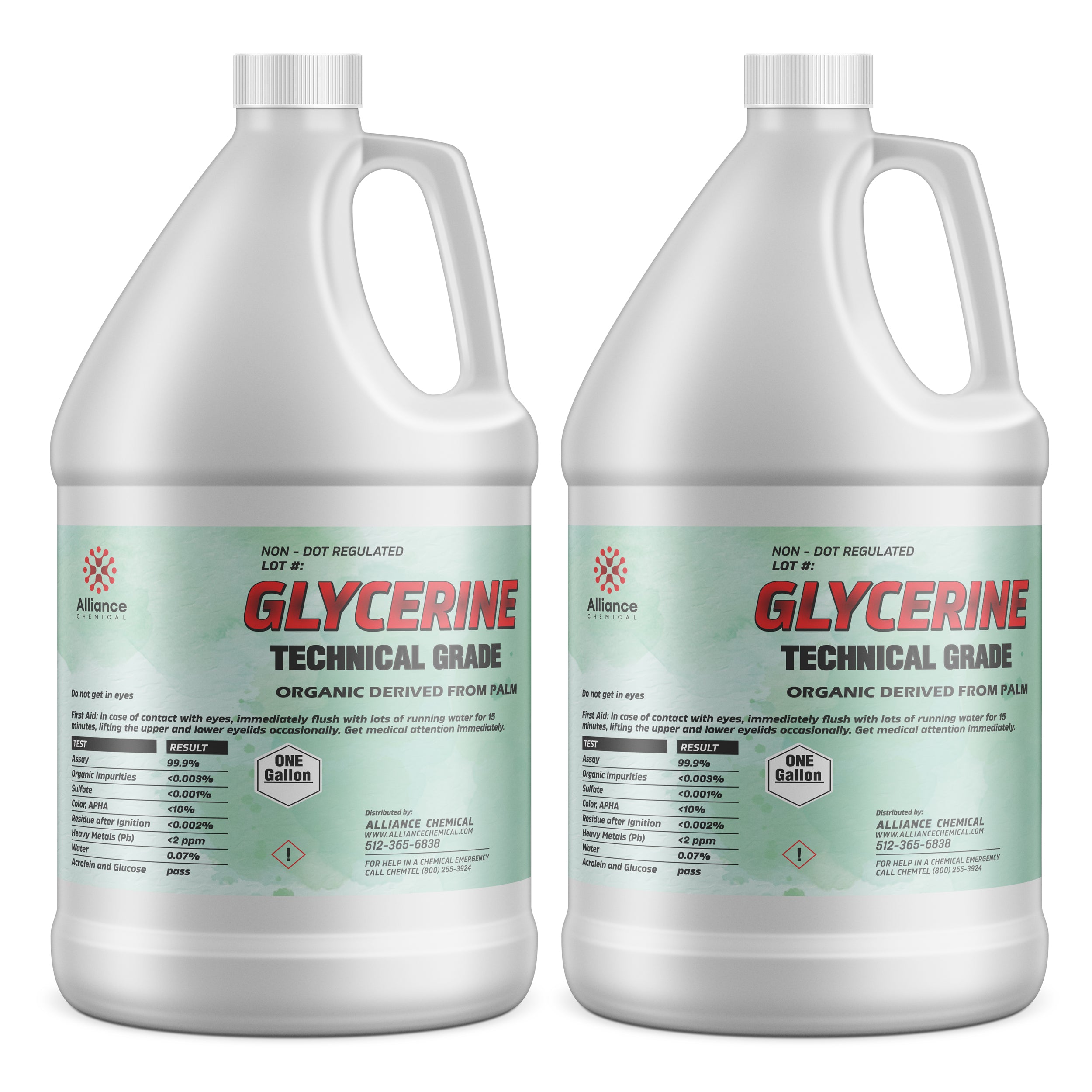 1-gallon containers of technical-grade glycerine, 99.9% pure, palm-derived, with safety warnings and chemical specifications, in white HDPE jugs.