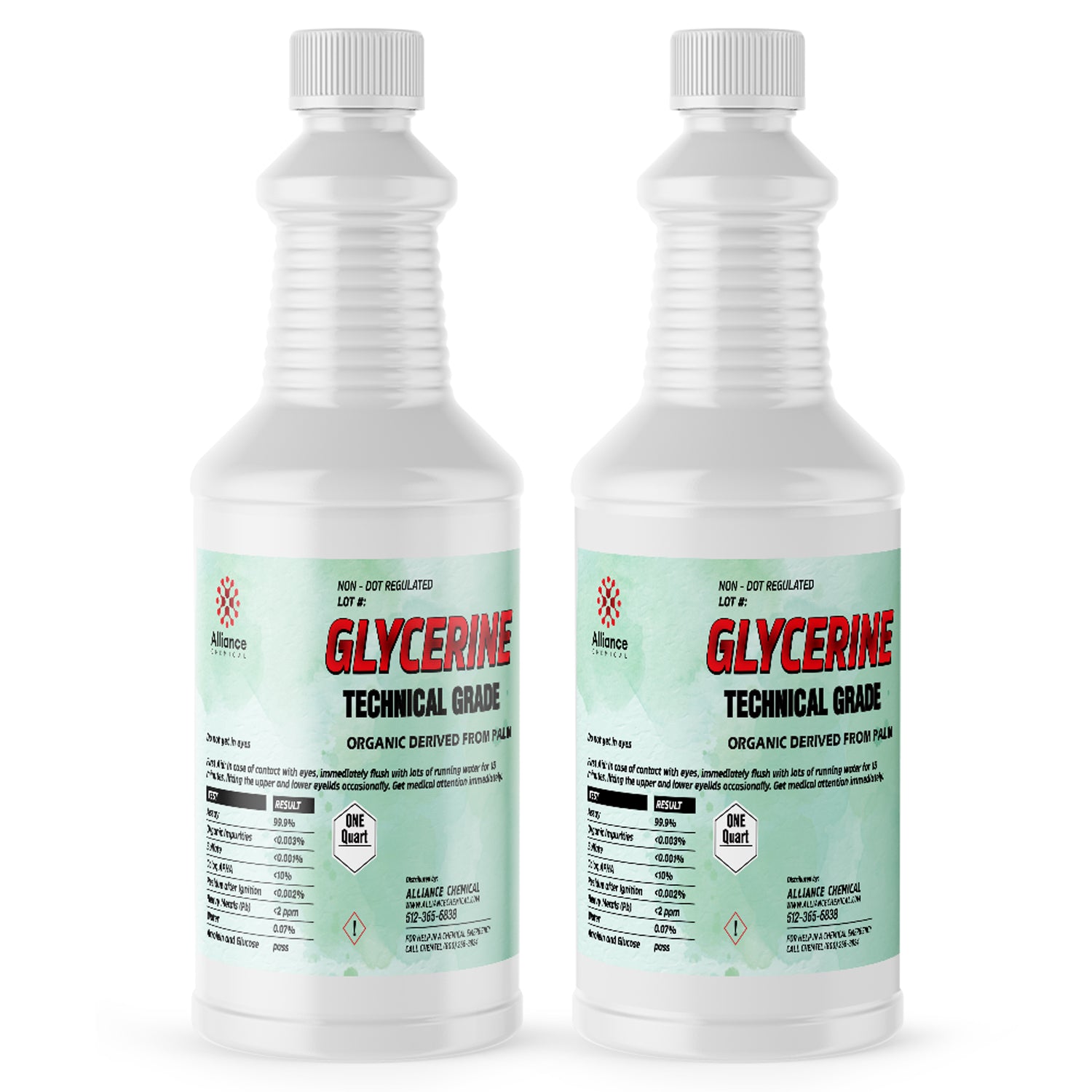 Two 1-quart bottles of technical-grade glycerine, organic palm-derived, with hazard symbol 1, non-DOT regulated, in white HDPE containers with ribbed design and safety caps.