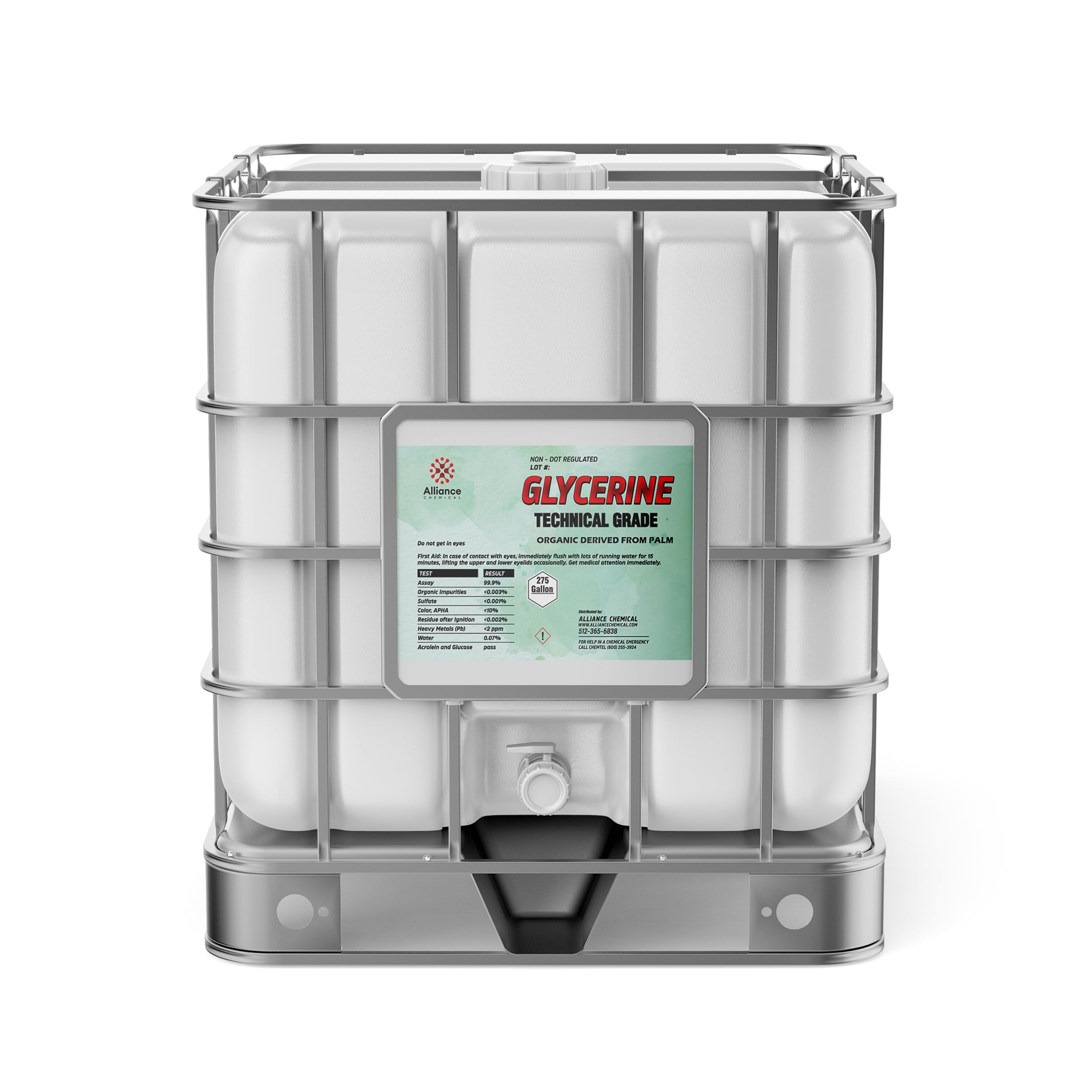 275-gallon IBC tote of technical-grade glycerine, palm-derived, with metal cage frame, discharge valve, and Alliance Chemical safety labeling system.
