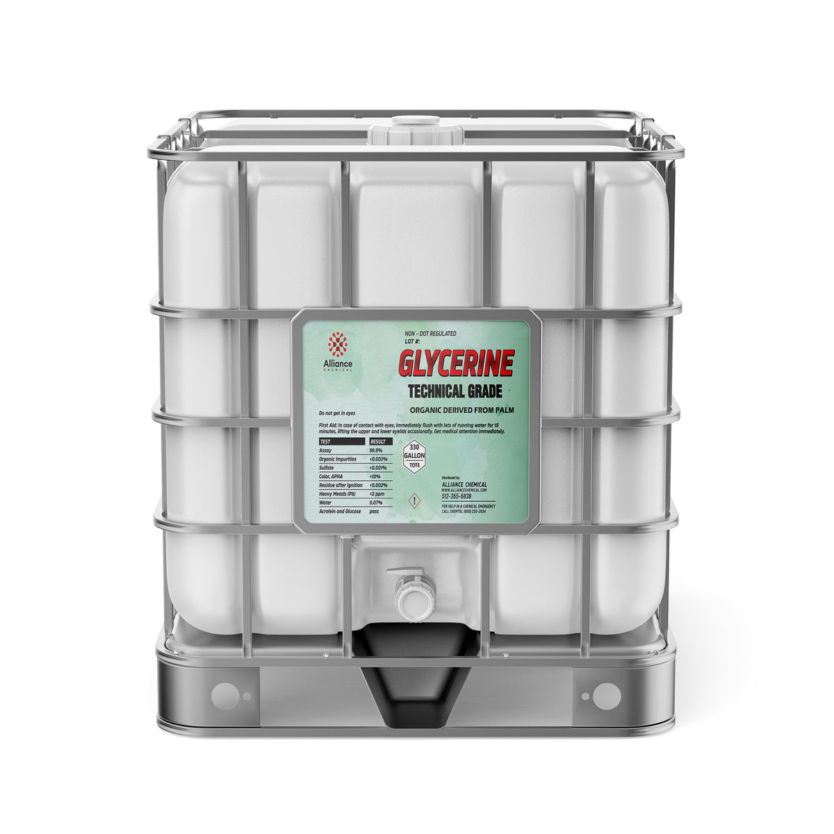 One 330-gallon plastic tote of Alliance Chemical Glycerine Technical Grade with a steel cage and label.