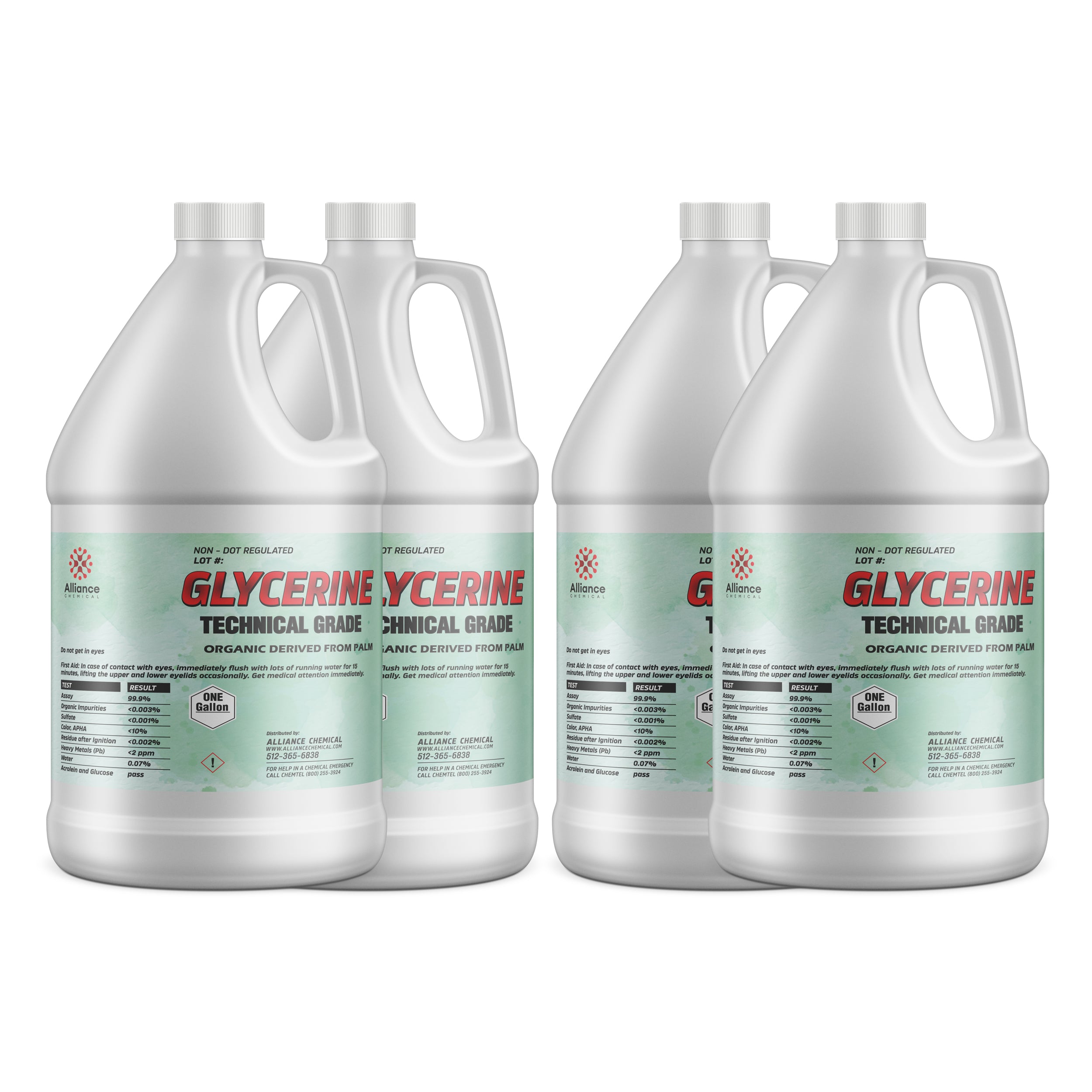 4x1-gallon Glycerine Technical Grade, organic palm-derived, in white HDPE jugs with green labels, Alliance Chemical, UN hazard class 1, non-DOT regulated.