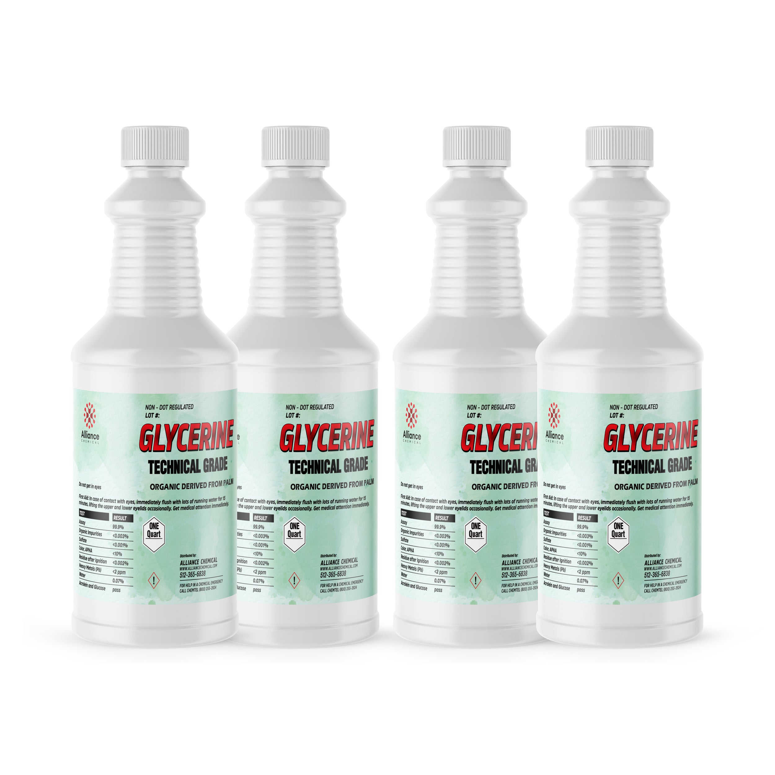 4-quart set of technical-grade glycerine in white HDPE bottles, organic palm-derived, with hazard symbol 1, mint-green labels, DOT non-regulated, Alliance Chemical brand.