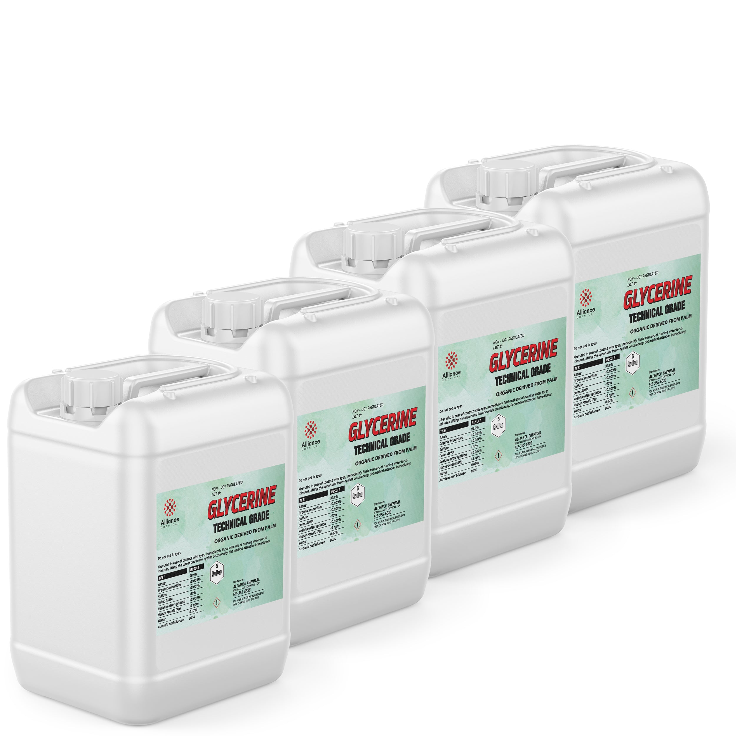 4x5-gallon HDPE containers of Technical Grade Glycerine, palm-derived, with mint-green product labels and safety information, featuring screw-top caps and chemical hazard symbols.