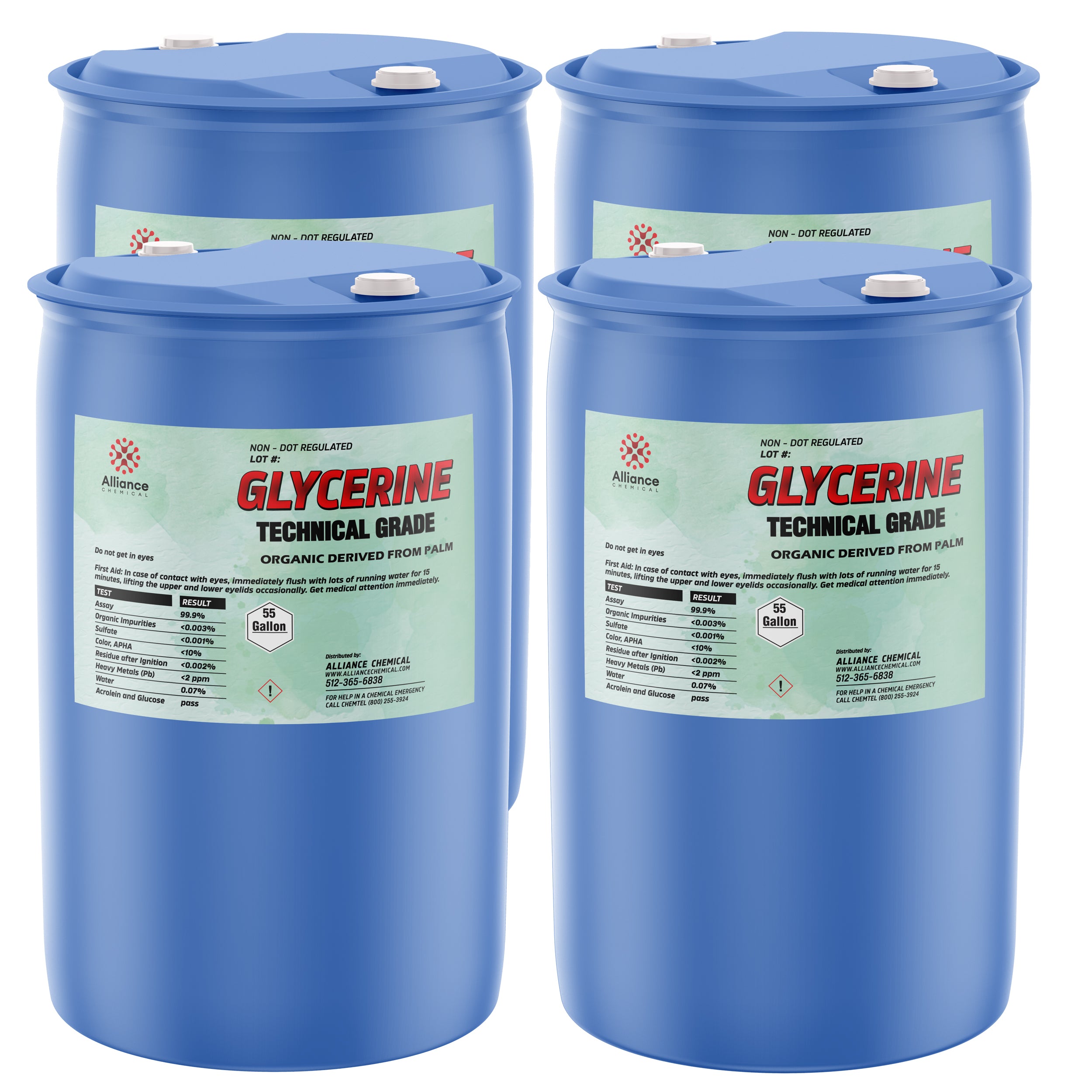 55-gallon blue drums of Technical Grade Glycerine, organic palm-derived, 99.5% purity, with hazard class 1 labeling and non-DOT regulated status, manufactured by Alliance Chemical.
