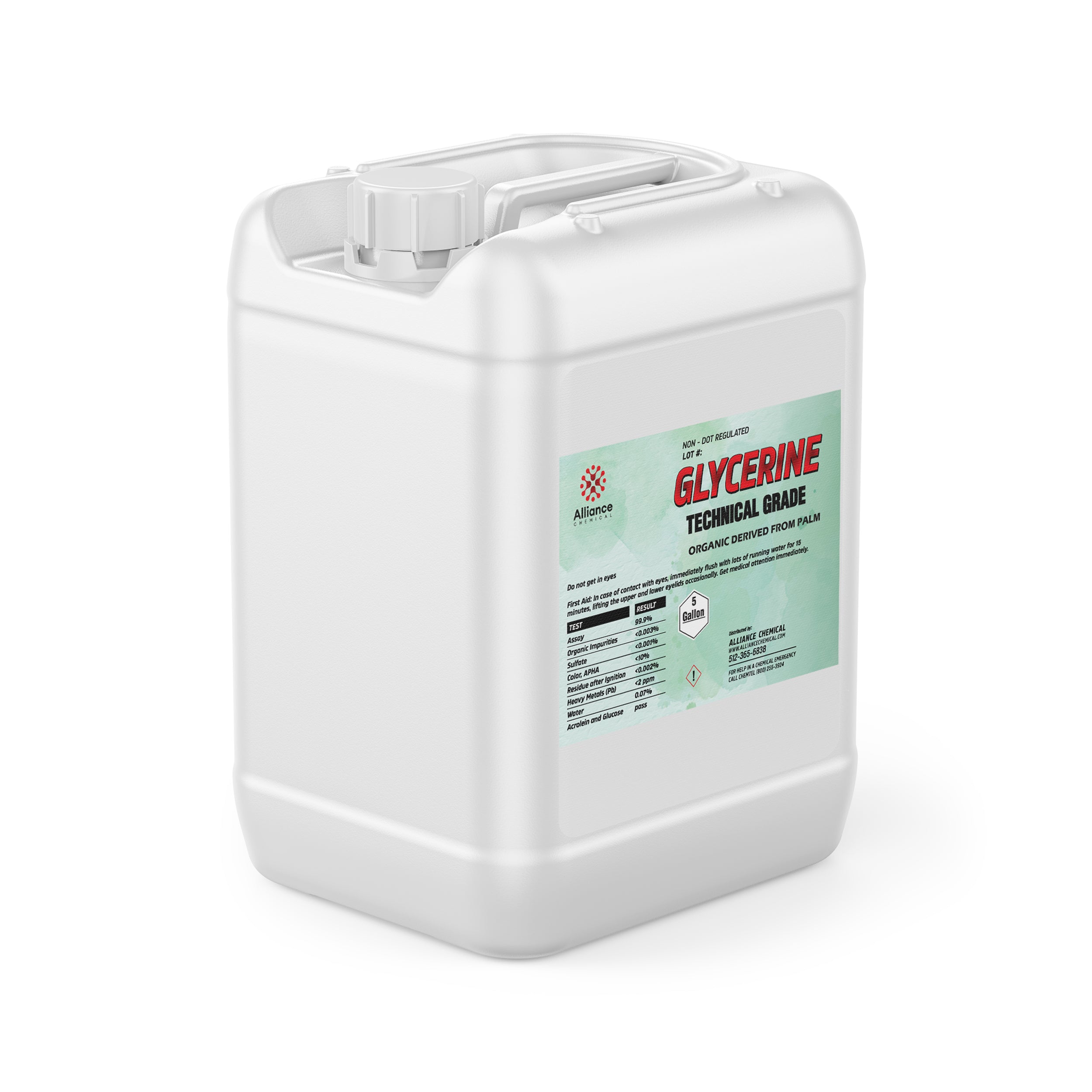 5-gallon white HDPE container of technical-grade glycerine, organic palm-derived, with Alliance Chemical label and Class 1 hazard symbol, non-DOT regulated.