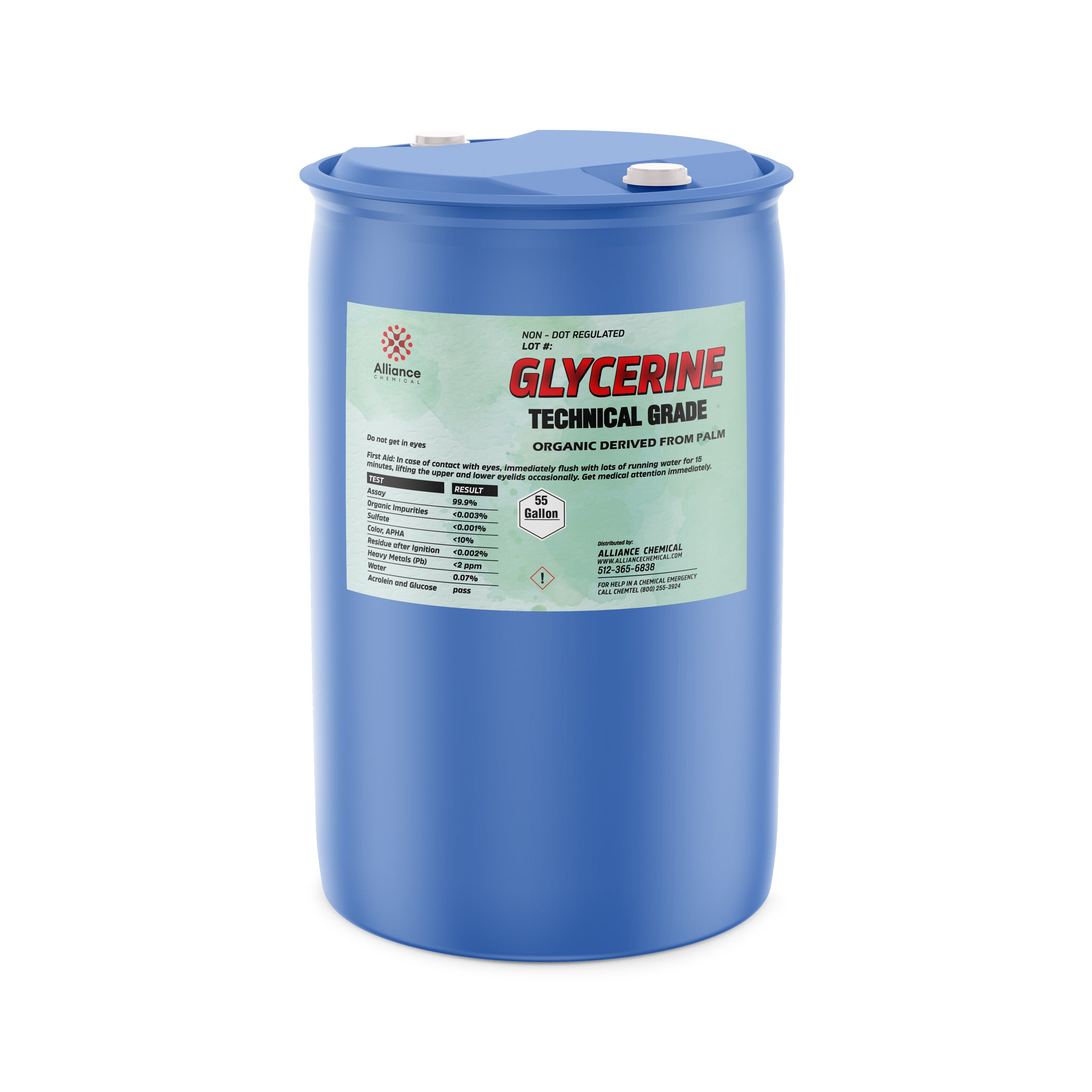 55-gallon blue HDPE drum of technical-grade glycerine derived from palm, featuring Alliance Chemical label, safety data, and hazard symbol for industrial use.