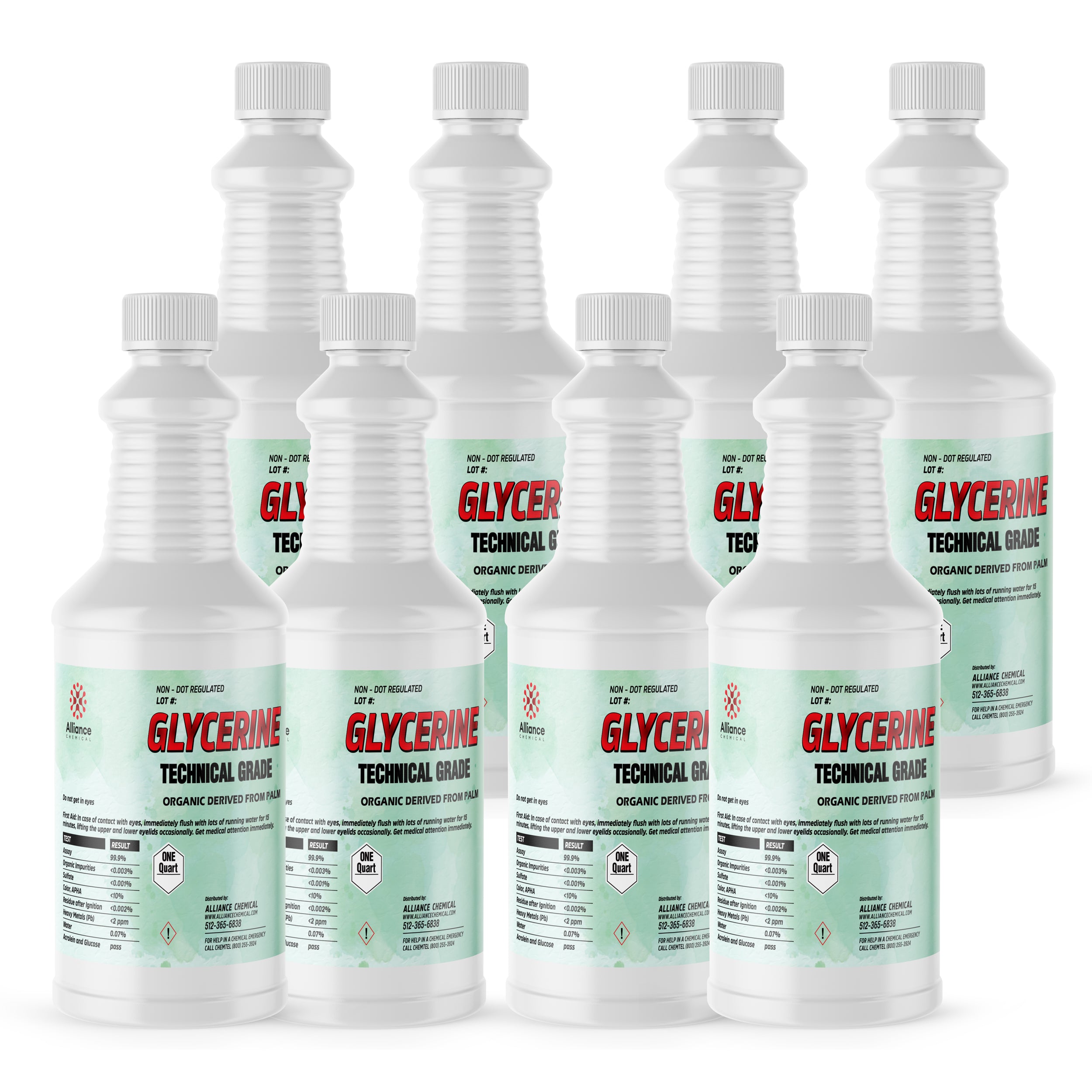 8x1 quart Glycerine Technical Grade, palm-derived organic compound in white HDPE bottles with safety caps, non-DOT regulated, hazard class 1 warning symbol.