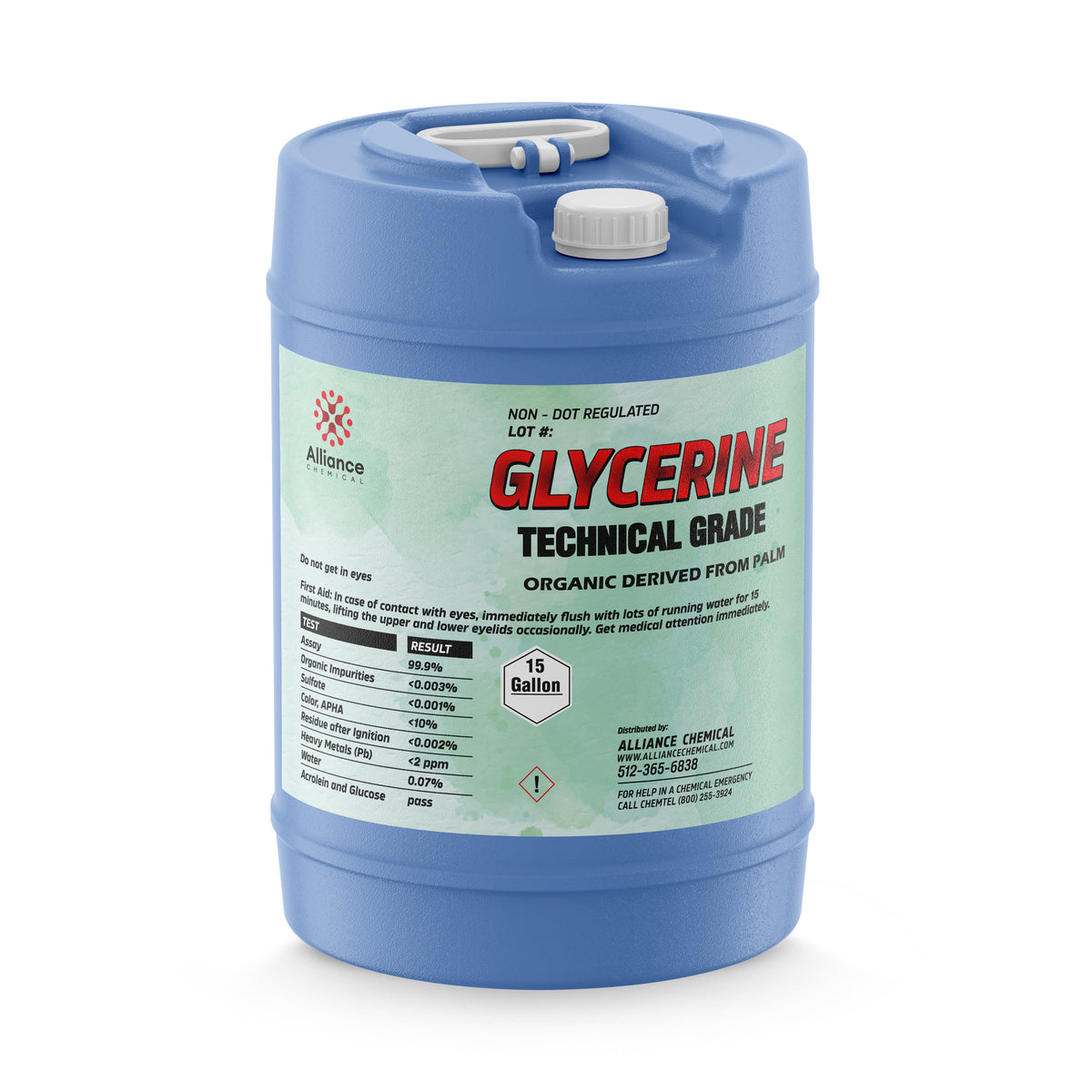 One 15-gallon HDPE jug of Alliance Chemical Glycerin Technical Grade with a white cap and handle.