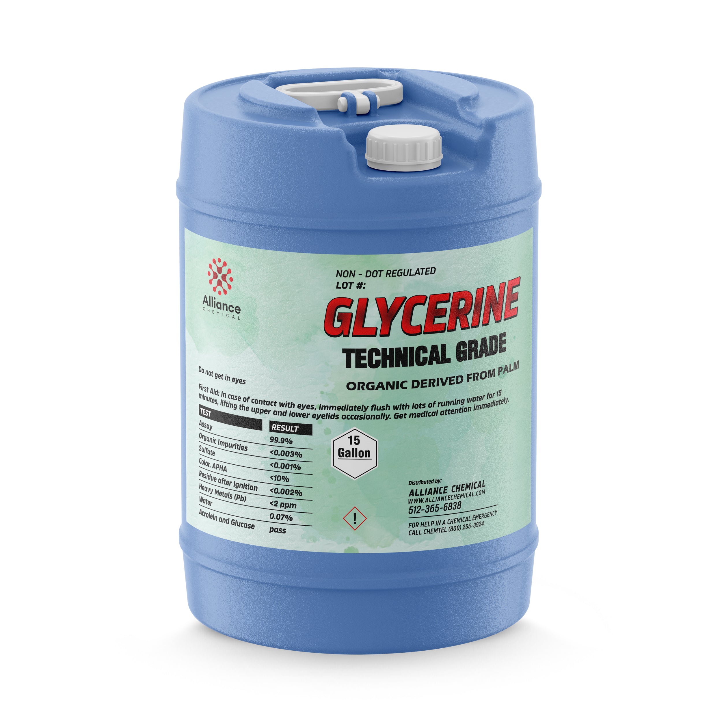15-gallon blue carboy of technical-grade glycerine, palm-derived, 99.9% purity, with hazard warning label and chemical specifications from Alliance Chemical.
