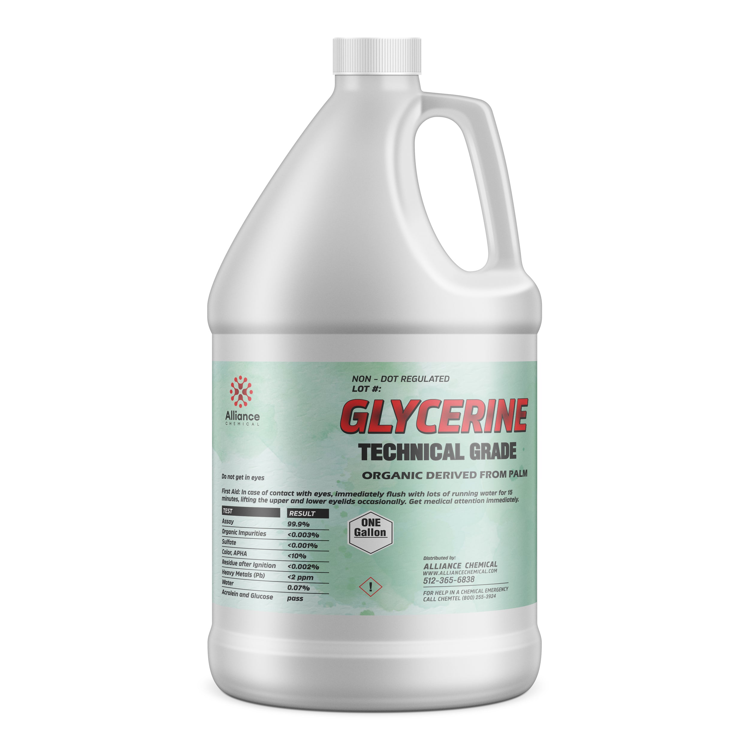 One-gallon HDPE jug of technical-grade glycerine (99.9% pure), palm-derived, with safety data panel, hazard diamond symbol, and Alliance Chemical branding.