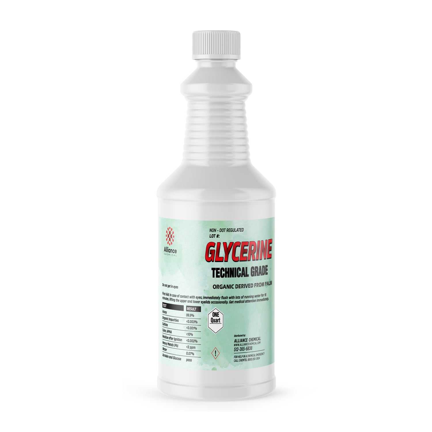 1-quart technical-grade glycerine in white HDPE bottle, palm-derived, 99.2% purity, with safety warnings and non-DOT regulated labeling.