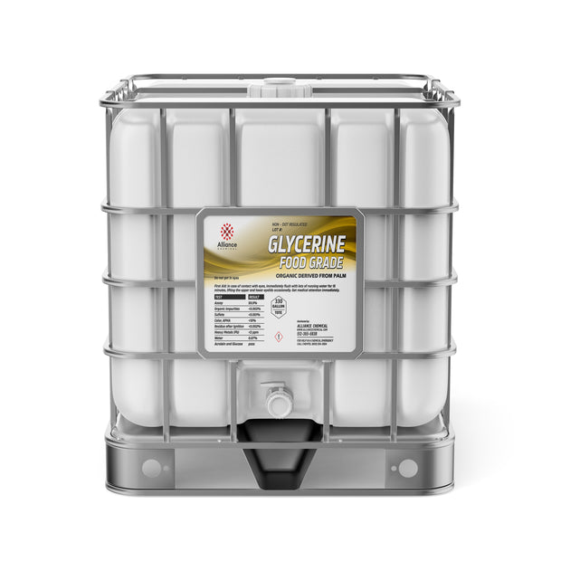 Alliance Chemical Glycerine USP Grade 330-gallon plastic tote with a steel cage and a spigot.