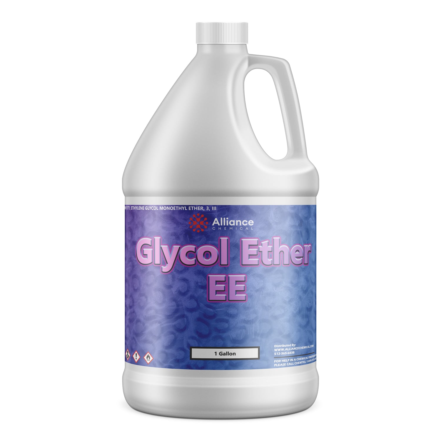 1-gallon white HDPE container of Alliance Chemical Glycol Ether EE solvent with purple-blue gradient label and GHS hazard warning symbols.