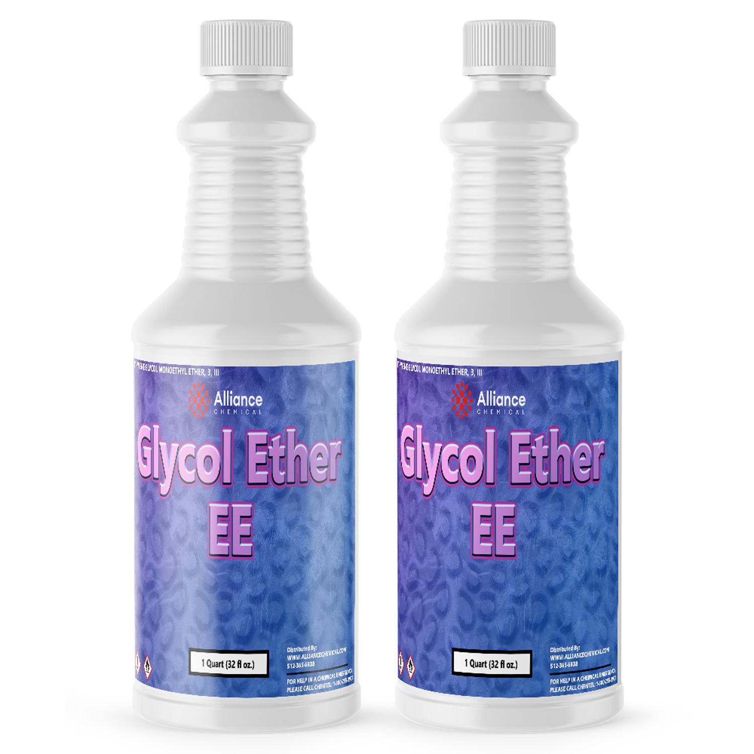 1-quart bottles of Alliance Chemical Glycol Ether EE industrial solvent in white HDPE containers with blue-purple labels and hazard symbols, 32 fl oz each.