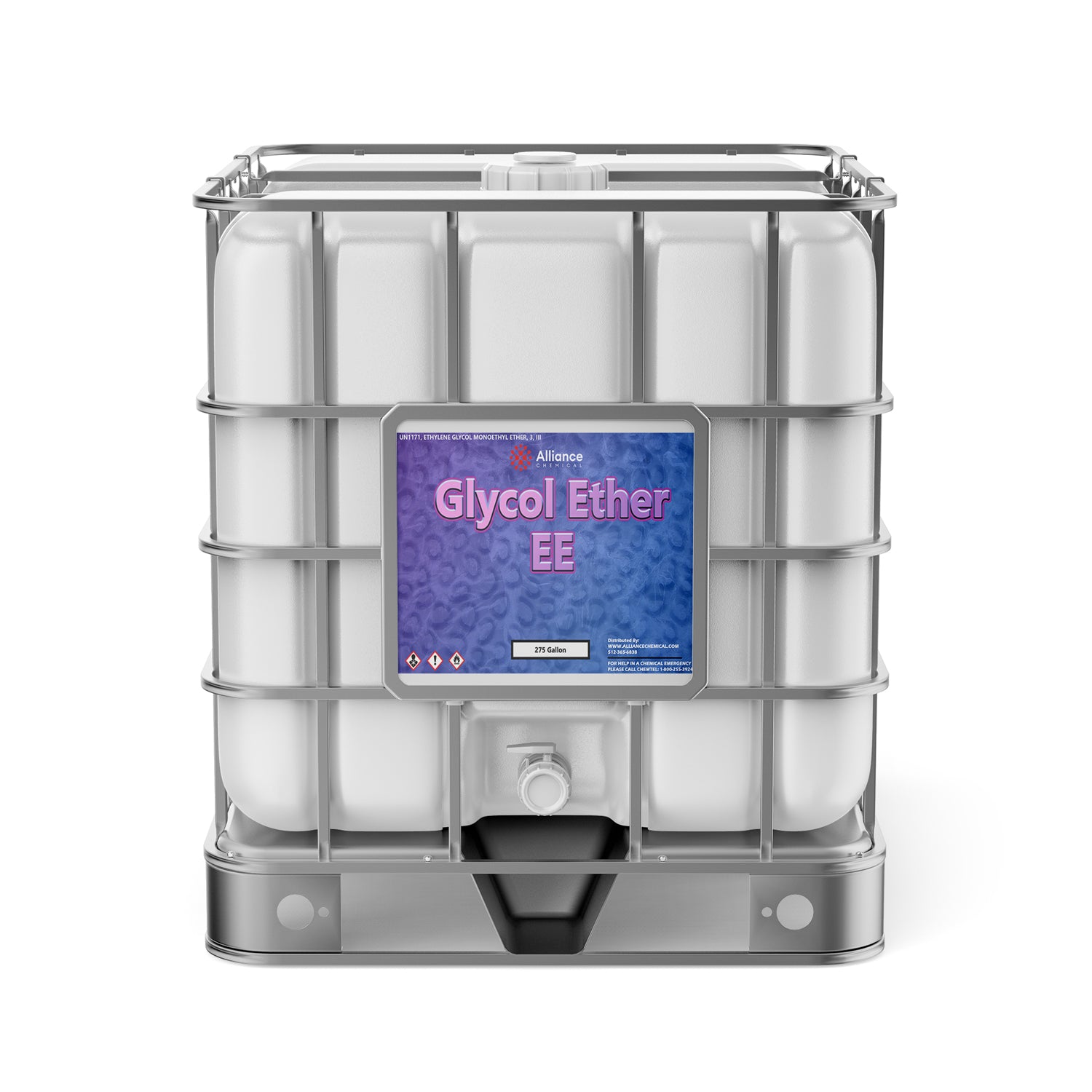 275-gallon IBC tote of Glycol Ether EE industrial solvent with metal cage frame, hazard warning symbols, and bottom discharge valve in white-grey finish.