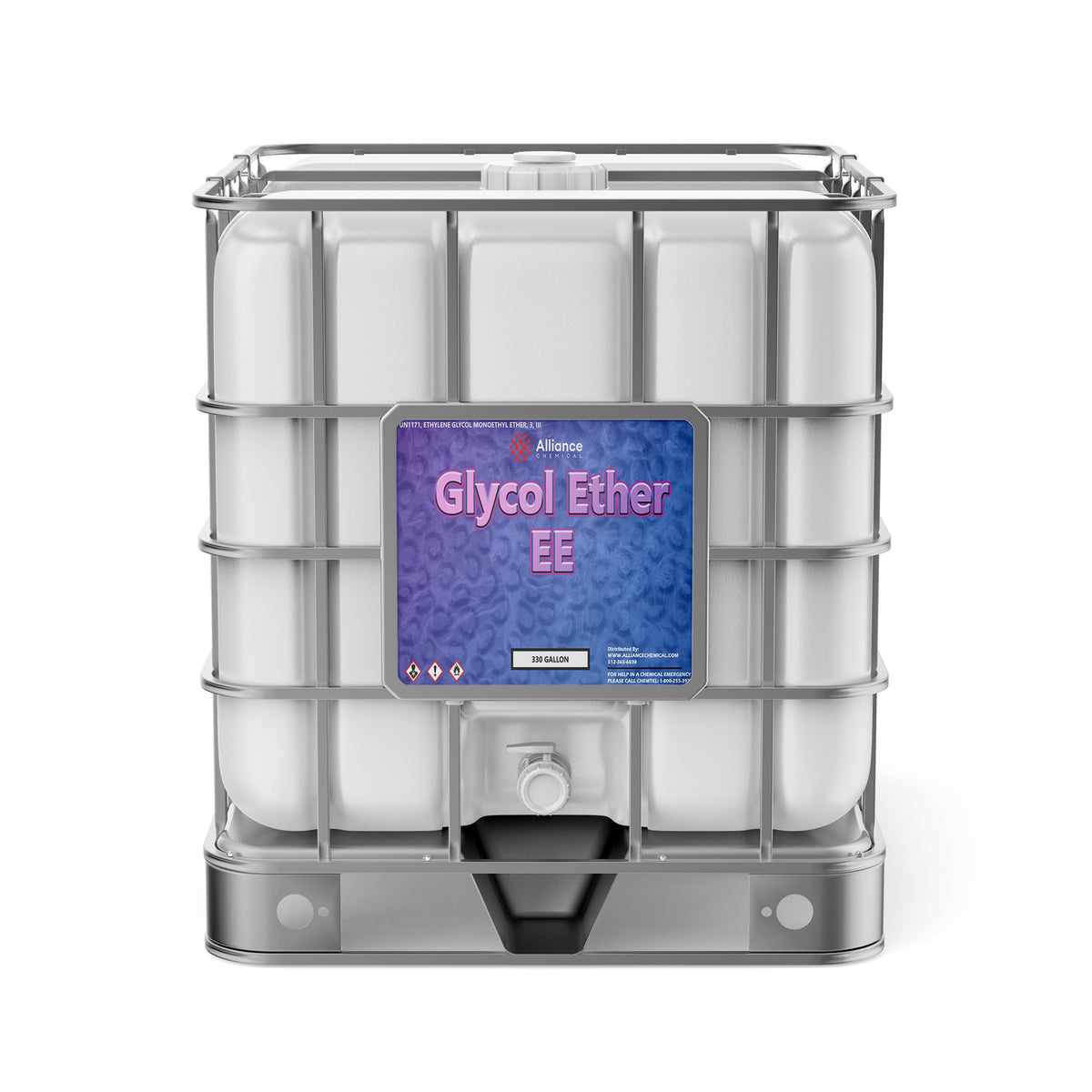 One 330-gallon plastic tote of Alliance Chemical Glycol Ether EE with a steel cage, spigot, and product label.