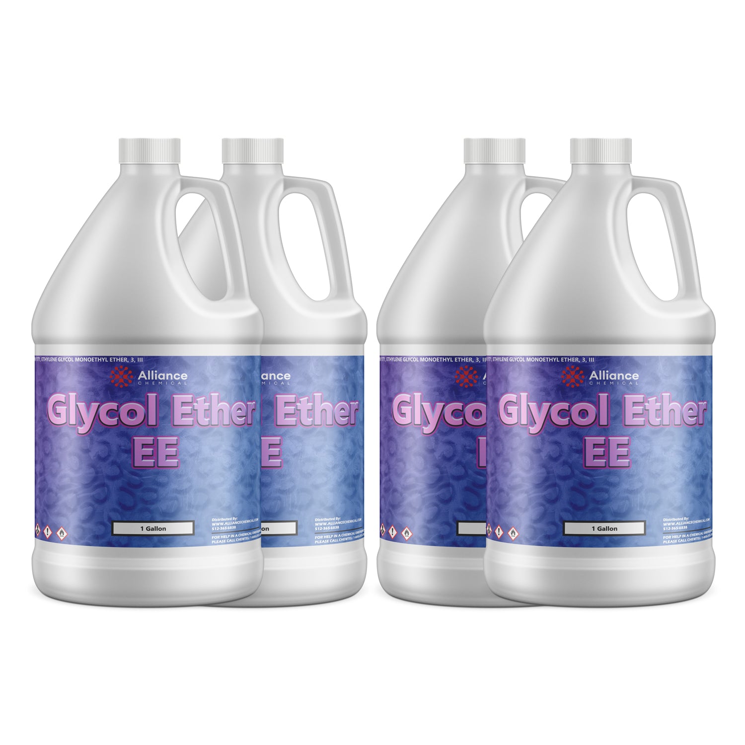 4x1-gallon Glycol Ether EE industrial solvent in white HDPE jugs, Alliance Chemical brand, with hazard warning symbols on blue-purple gradient labels.