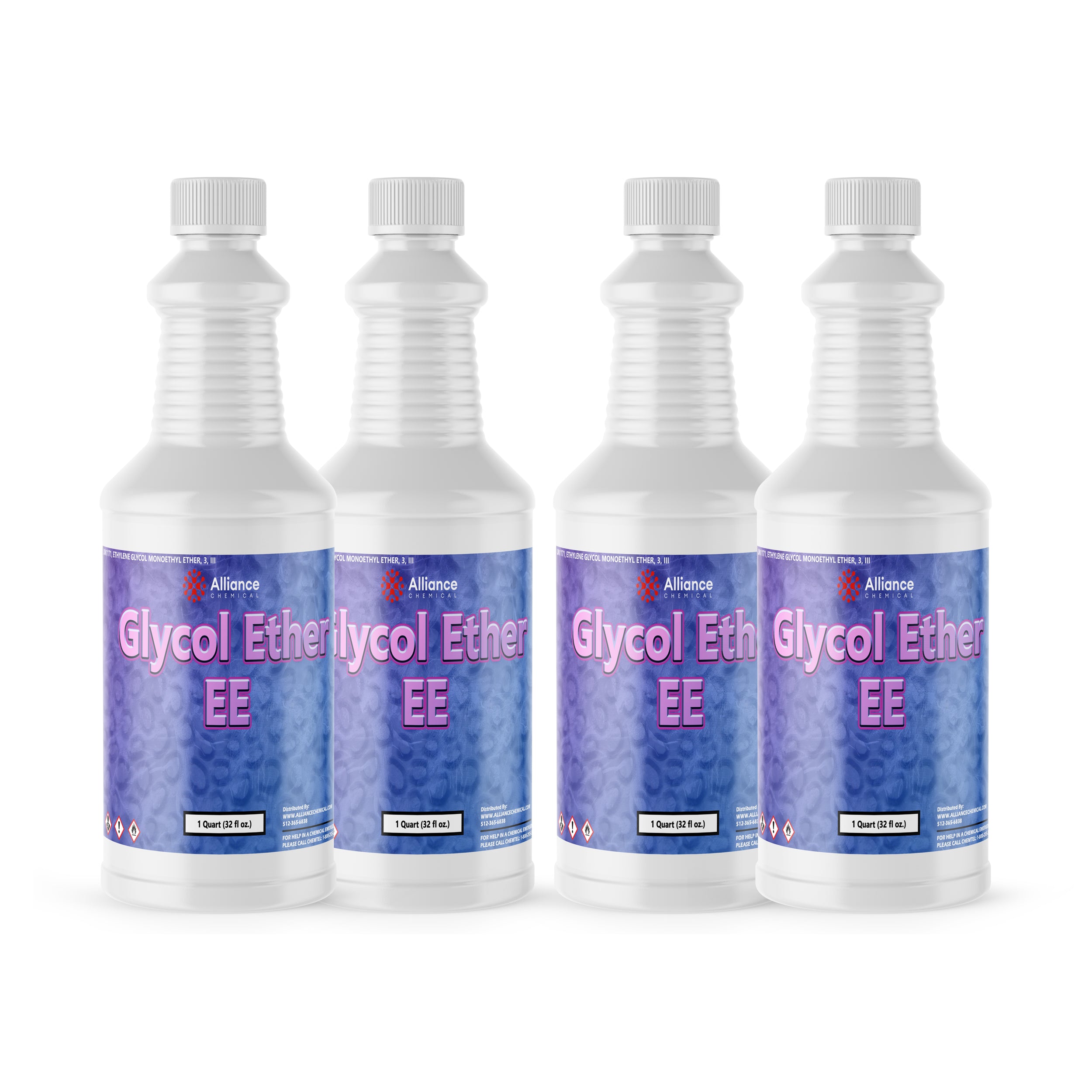 4x1-quart plastic bottles of Glycol Ether EE industrial solvent by Alliance Chemical, featuring white ridged containers with purple-blue gradient labels and hazard symbols.