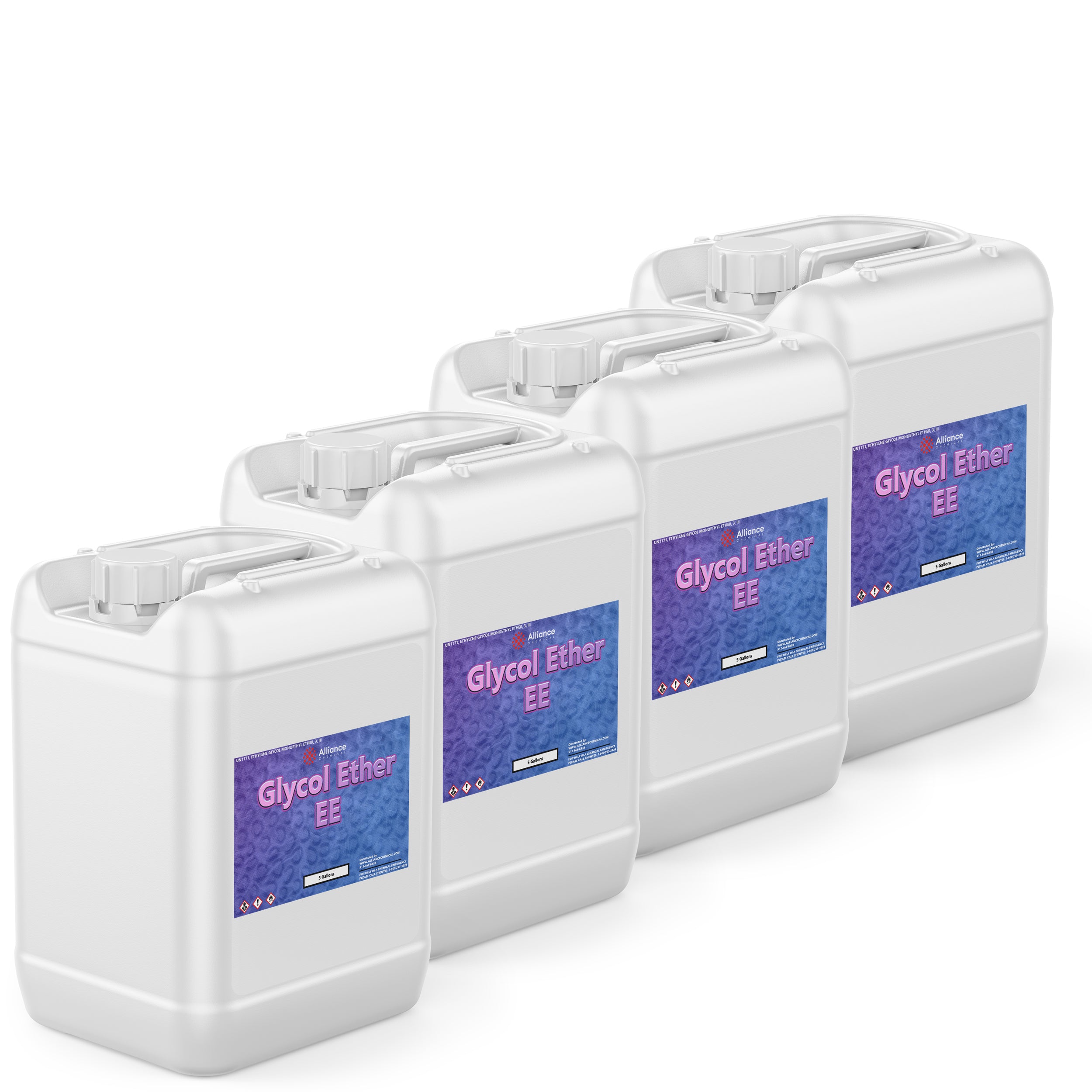 4x5-gallon white HDPE containers of Glycol Ether EE solvent with purple-blue Alliance Chemical labels and hazard warning symbols.