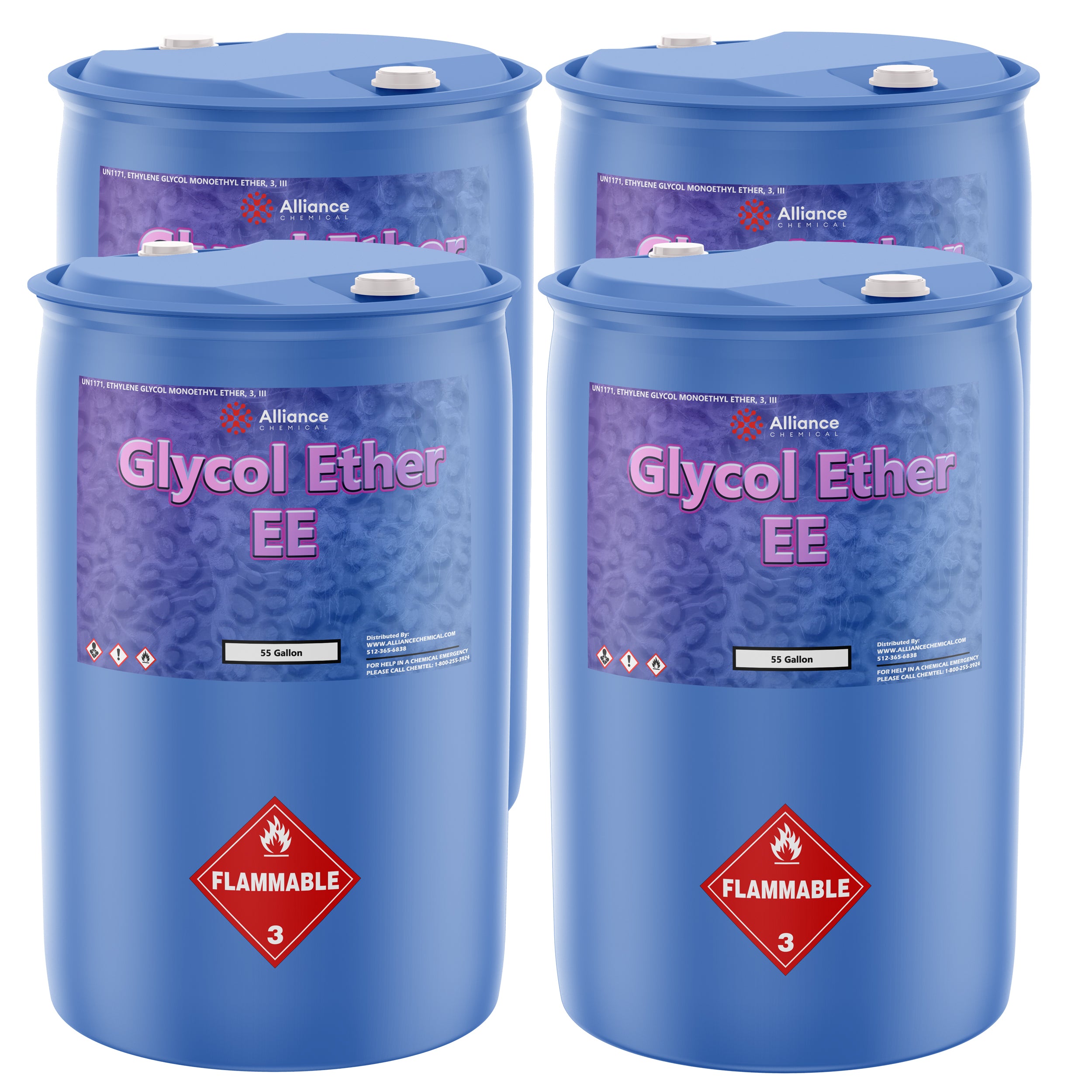 4x55-gallon blue drums of Alliance Chemicals Glycol Ether EE, UN1171 flammable liquid Class 3, with purple-gradient labels and white safety caps.