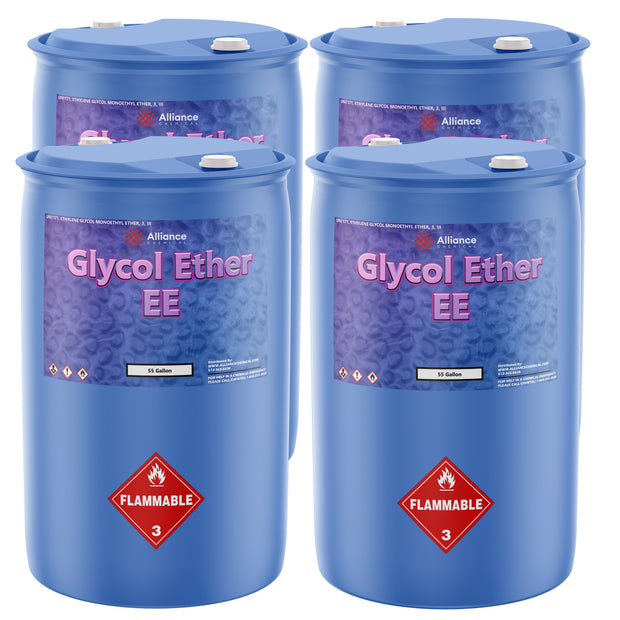 4x55-gallon blue drums of Alliance Chemicals Glycol Ether EE, UN1171 flammable liquid Class 3