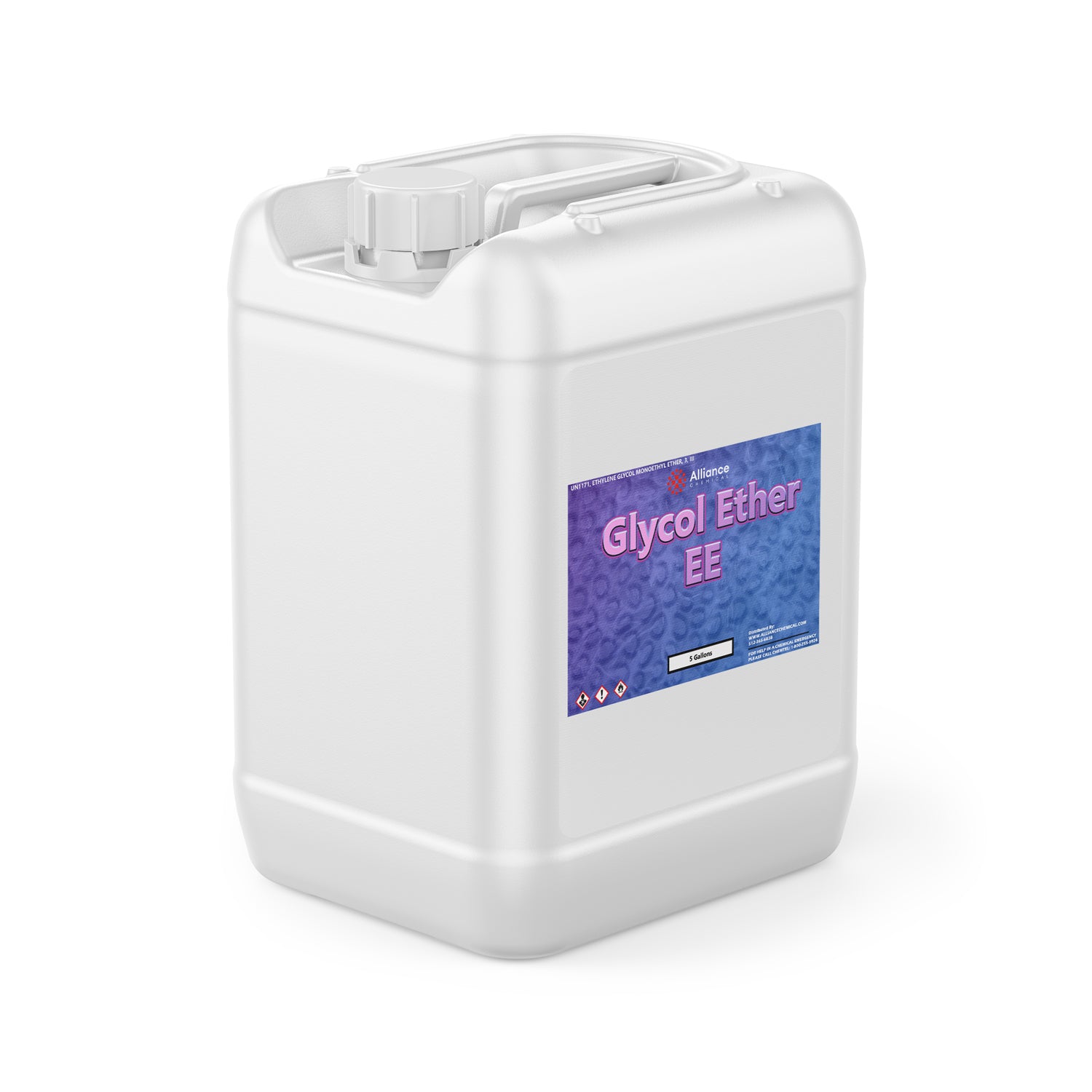 5-gallon white HDPE industrial container of Glycol Ether EE solvent with purple-blue Alliance Chemical label and hazard warning symbols.