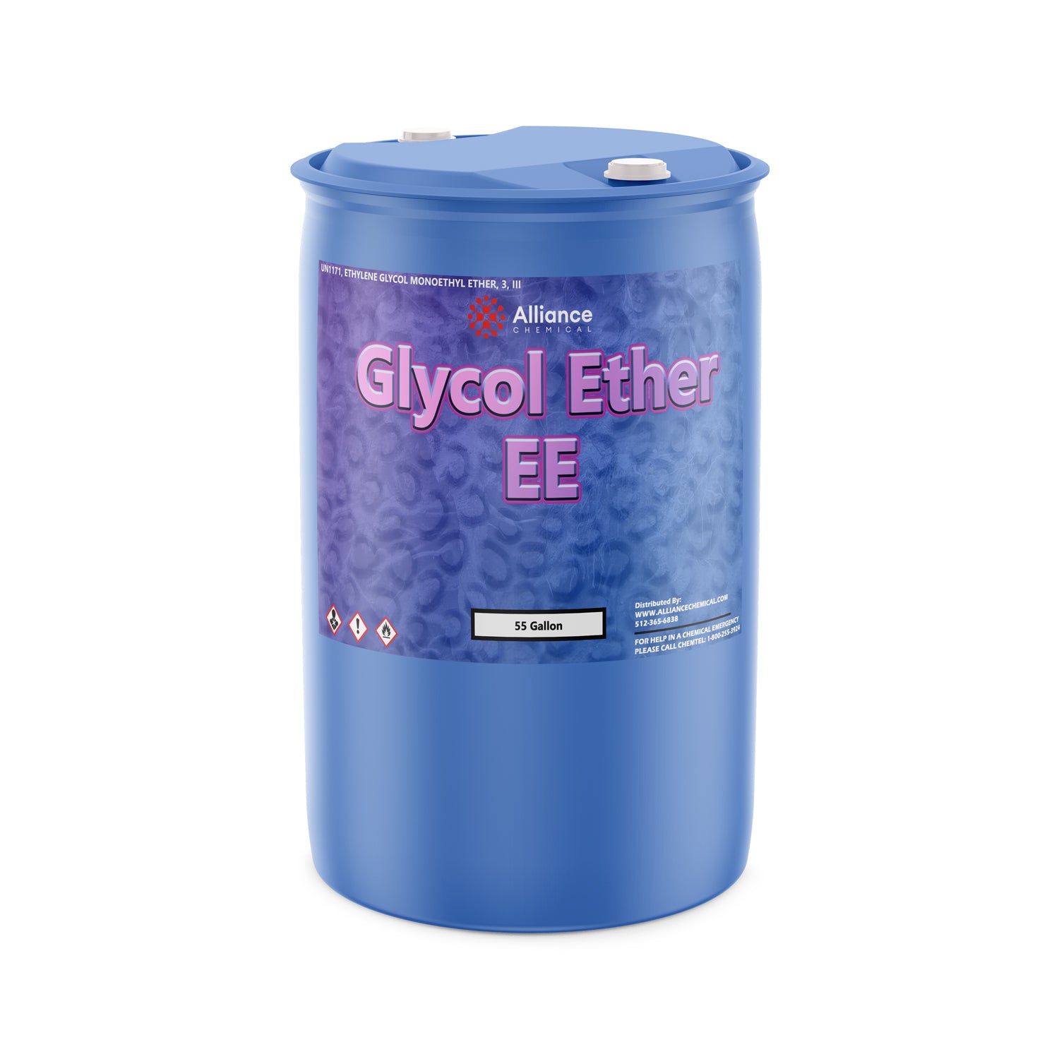 55-gallon blue HDPE drum of Alliance Chemical Glycol Ether EE industrial solvent with hazard pictograms, purple gradient branding, and white caps.