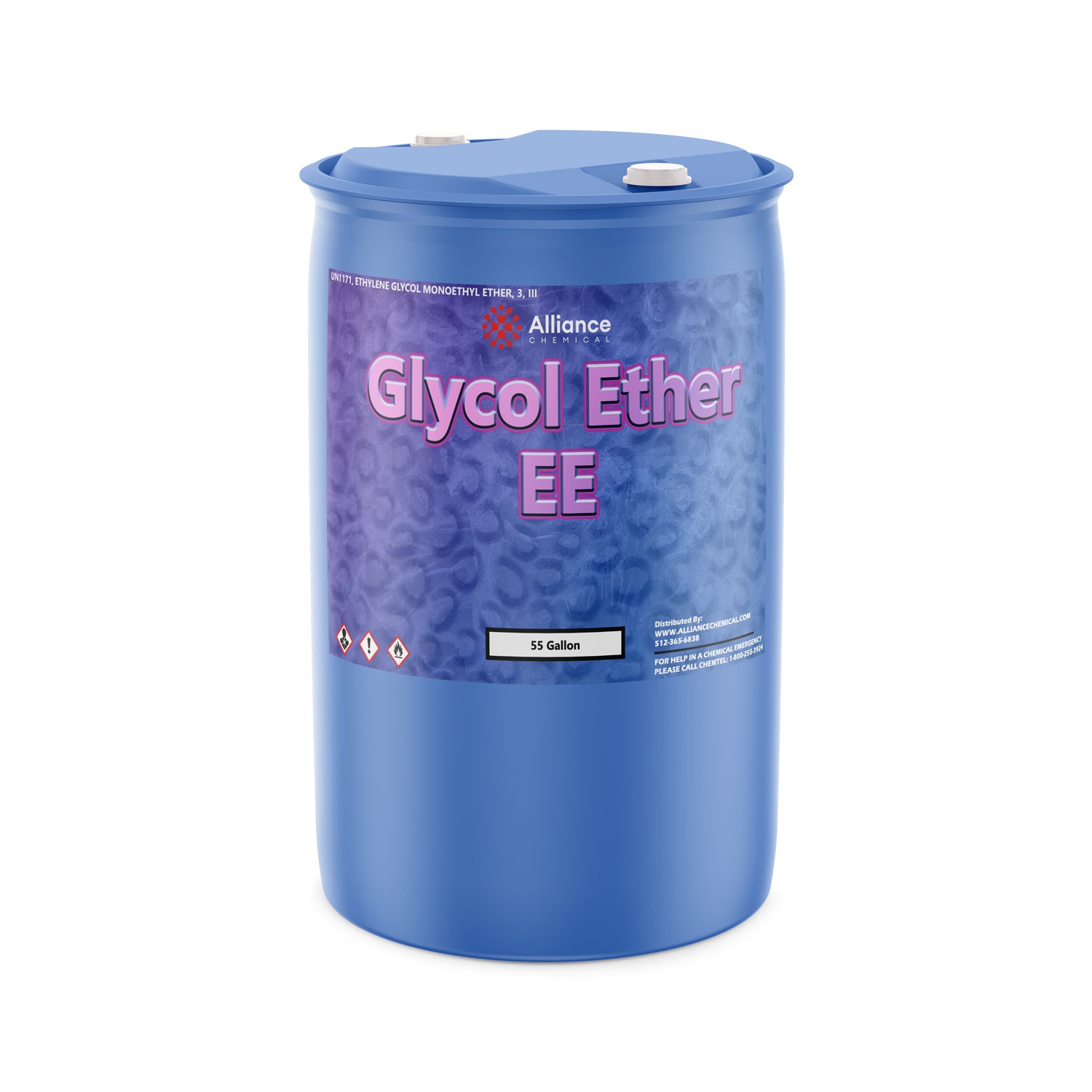 55-gallon blue HDPE drum of Alliance Chemical Glycol Ether EE industrial solvent with hazard pictograms, purple gradient branding, and white caps.