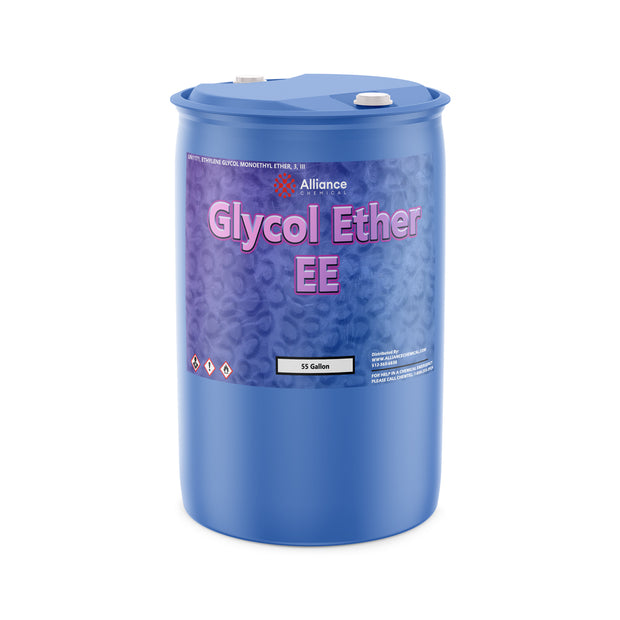55-gallon HDPE drum of Alliance Chemical Glycol Ether EE industrial solvent purple gradient branding, and white caps
