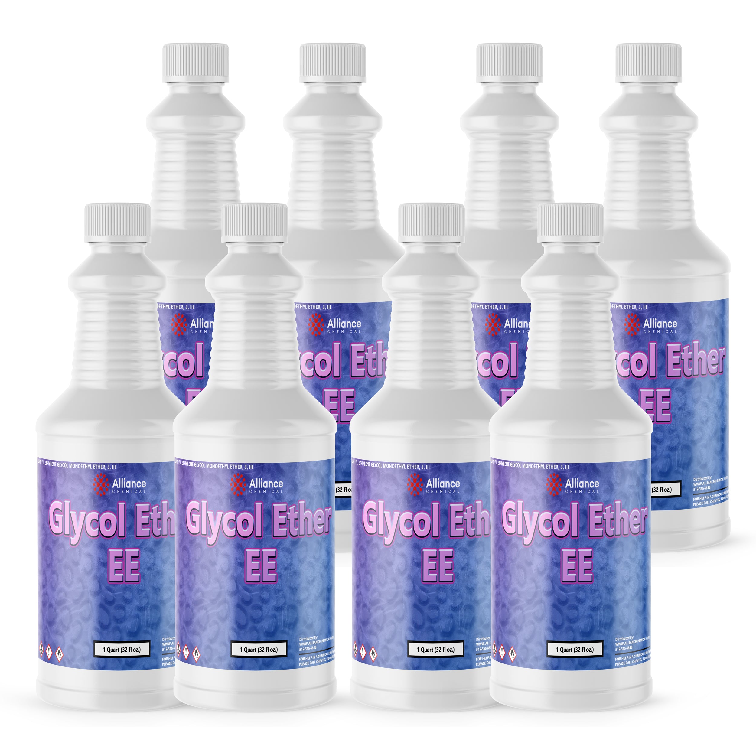 8x1-quart bottles of Glycol Ether EE solvent in white HDPE containers with purple-blue Alliance Chemical labels and hazard warning symbols, sealed caps.