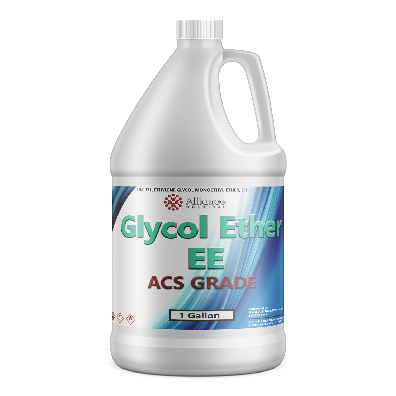 1-gallon white HDPE container of Alliance Chemical Glycol Ether EE (ethylene glycol monoethyl ether), ACS grade, with UN1171 code and hazard symbols.