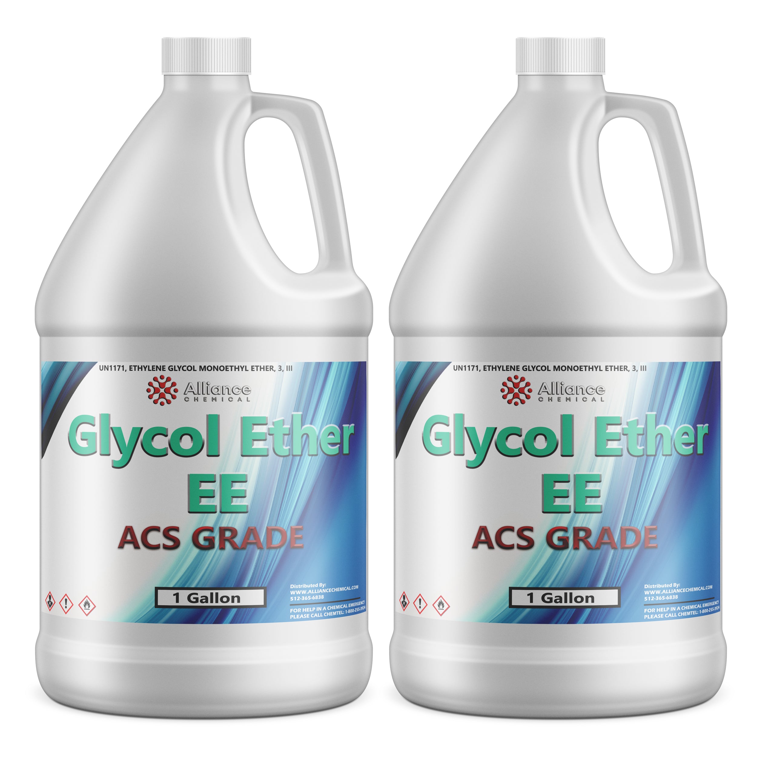 1-gallon white HDPE jugs of Alliance Chemical Glycol Ether EE ACS Grade solvent with UN1171 identification and hazard warning symbols, teal-blue gradient label.