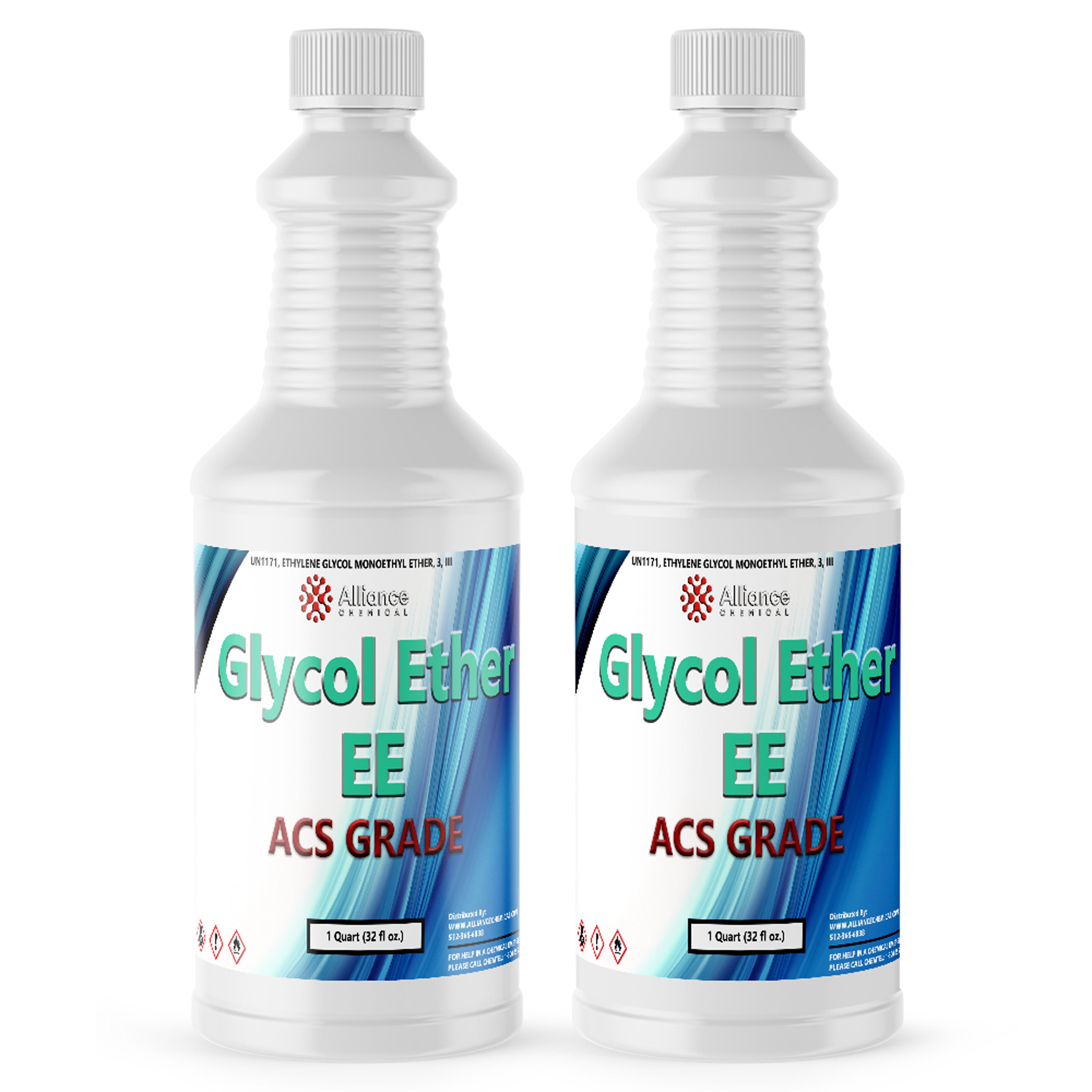 1-quart bottles of Glycol Ether EE ACS Grade chemical solvent by Alliance Chemical in white HDPE containers with GHS hazard symbols, 32 fl oz each.