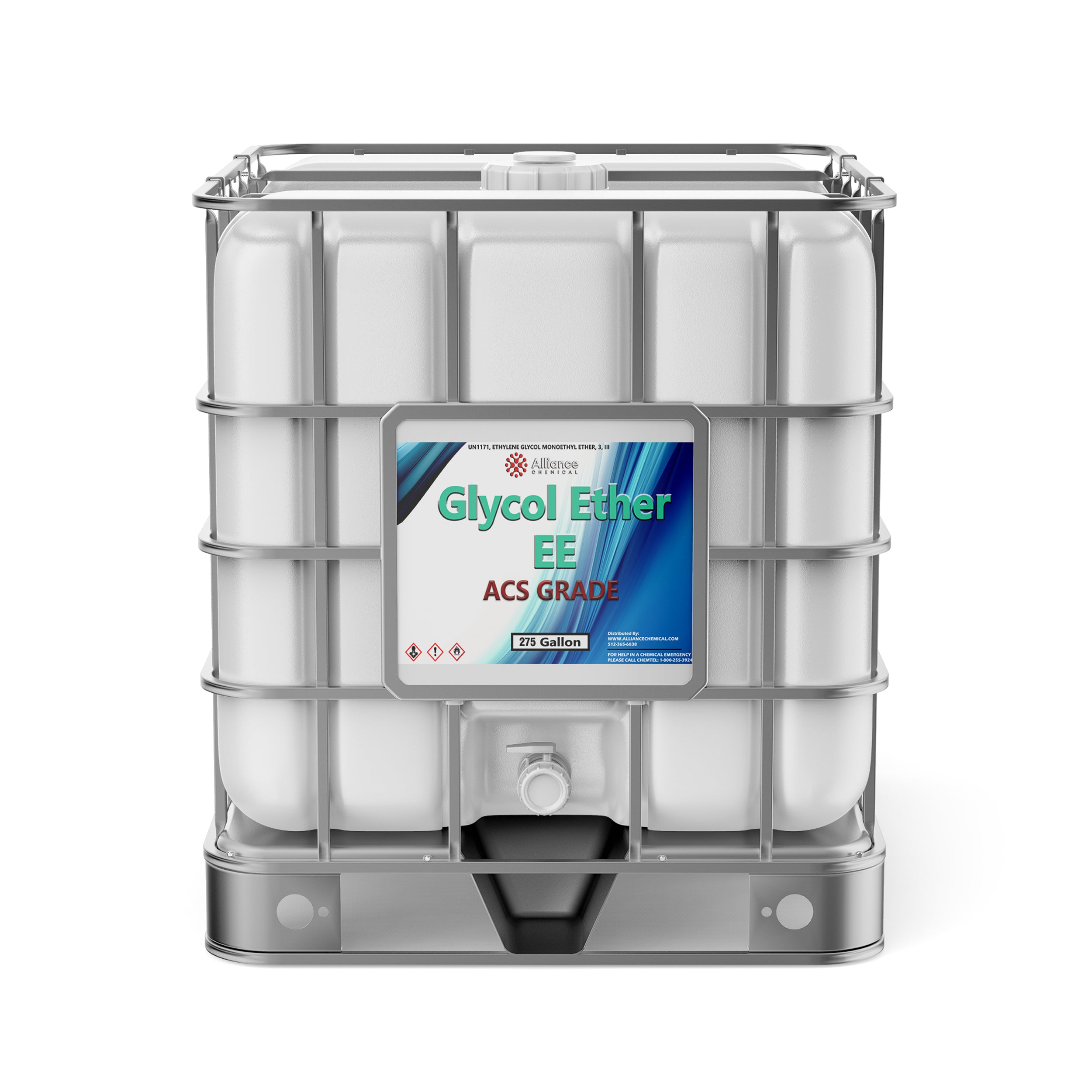 275-gallon IBC tote of Glycol Ether EE ACS Grade chemical with metal cage frame, plastic container, spigot valve, and GHS hazard symbols.