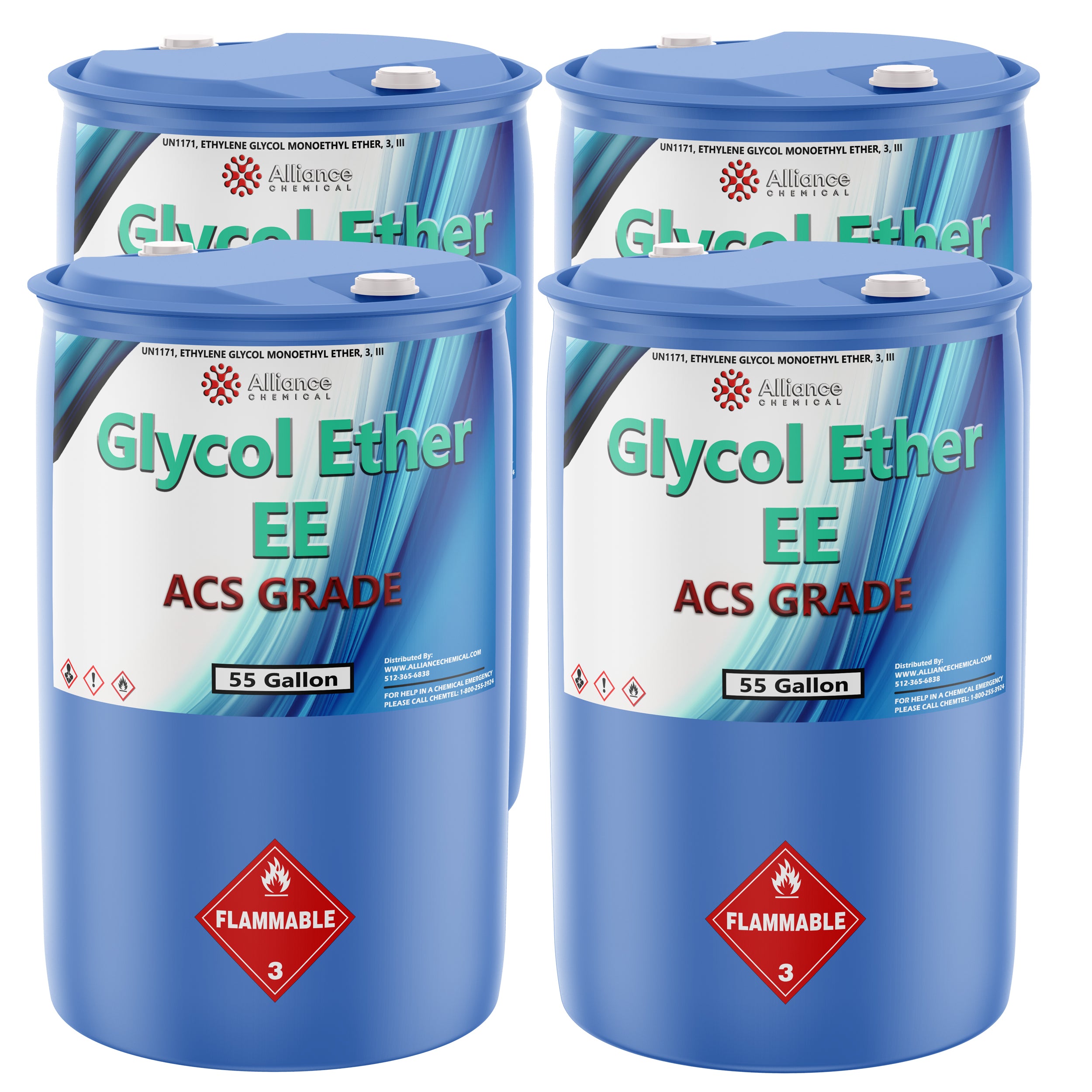 55-gallon blue drums of Alliance Chemical Glycol Ether EE ACS Grade (UN1171), featuring flammable Class 3 warning labels and EGME chemical identification.
