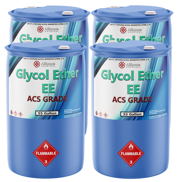 55-gallon blue drums of Alliance Chemical Glycol Ether EE ACS Grade (UN1171)