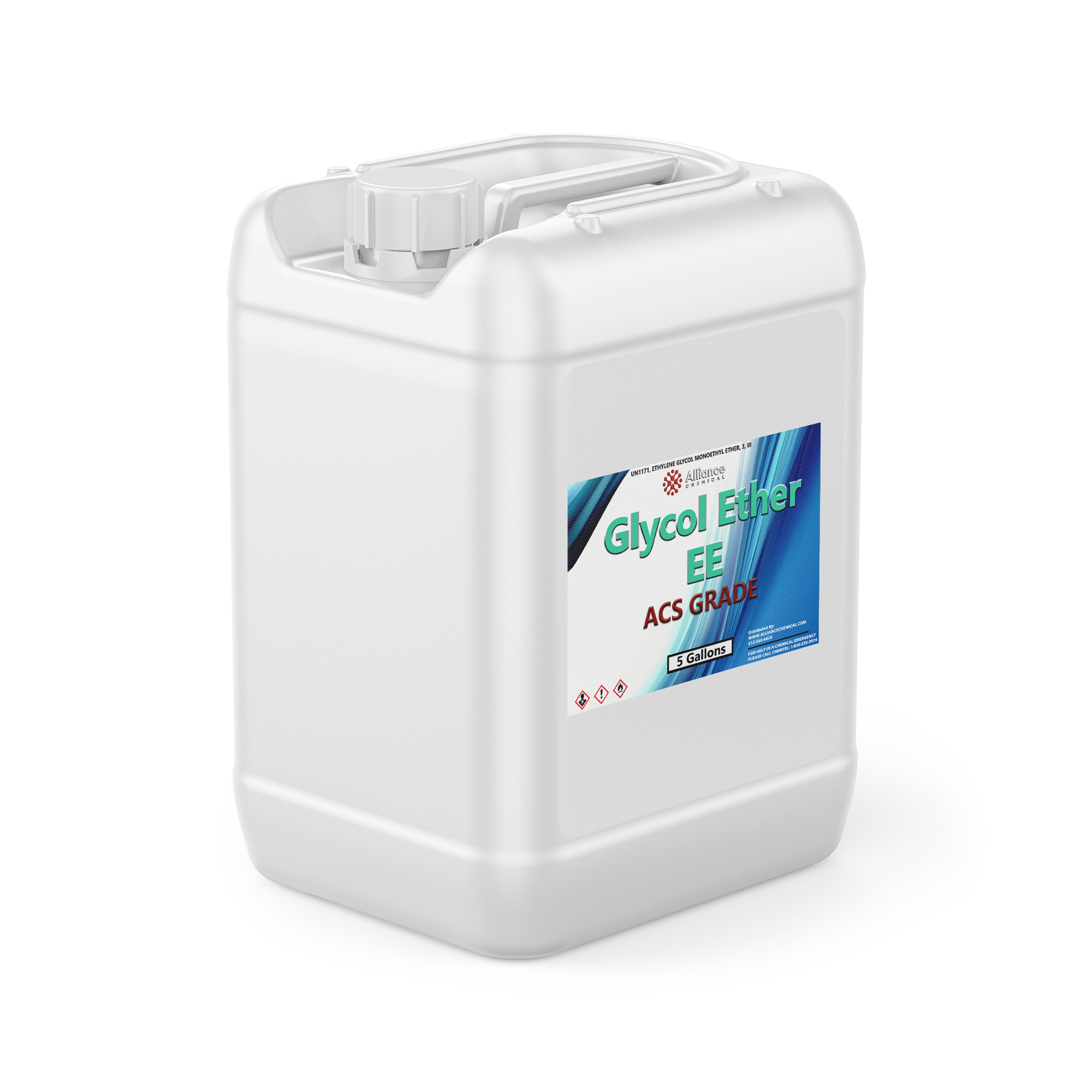 5-gallon industrial ACS grade Glycol Ether EE in white HDPE container with hazard warning symbols, screw-cap closure, Alliance Chemical brand.