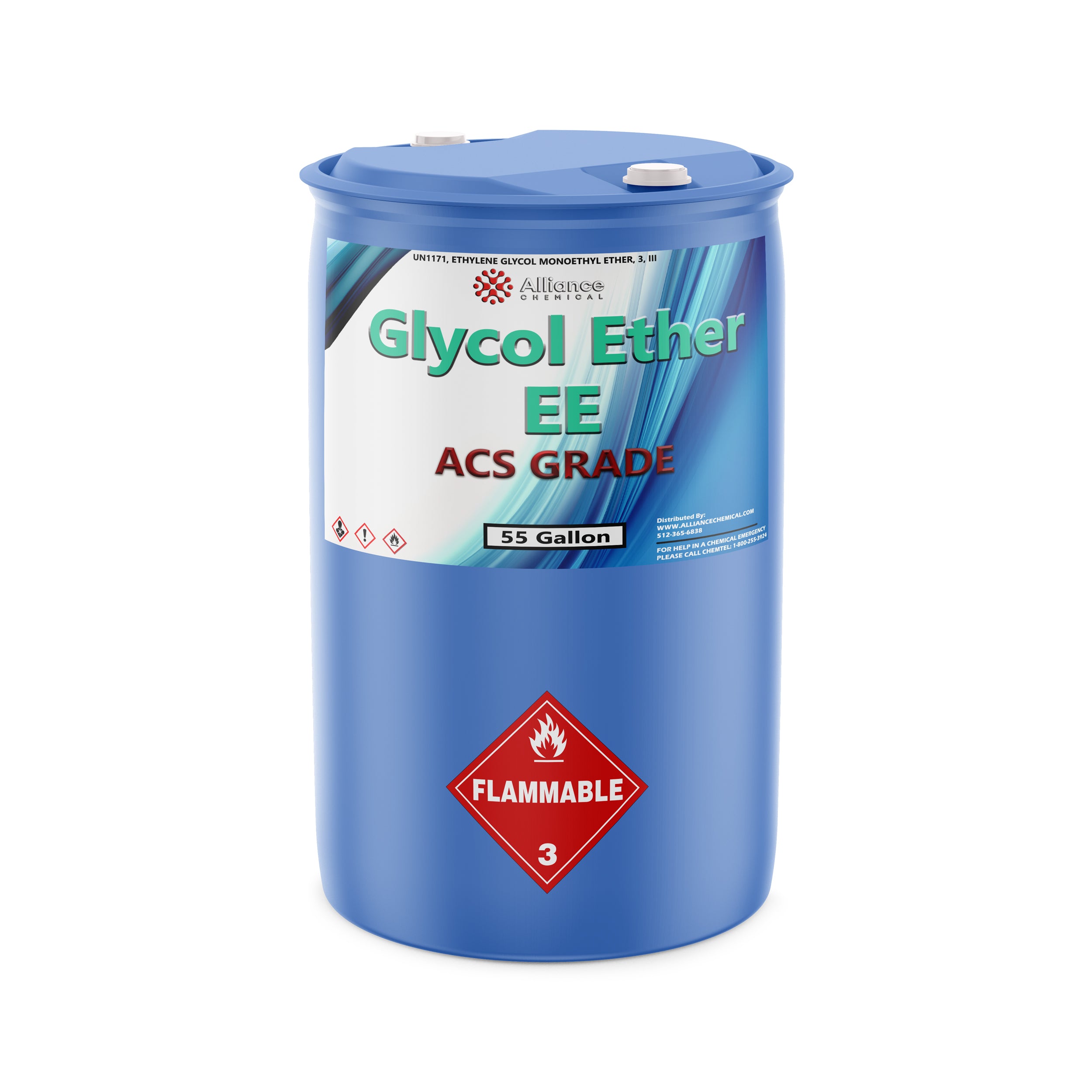 55-gallon blue drum of Glycol Ether EE ACS Grade chemical by Alliance Chemical, displaying Class 3 flammable warning symbol and UN1171 designation.