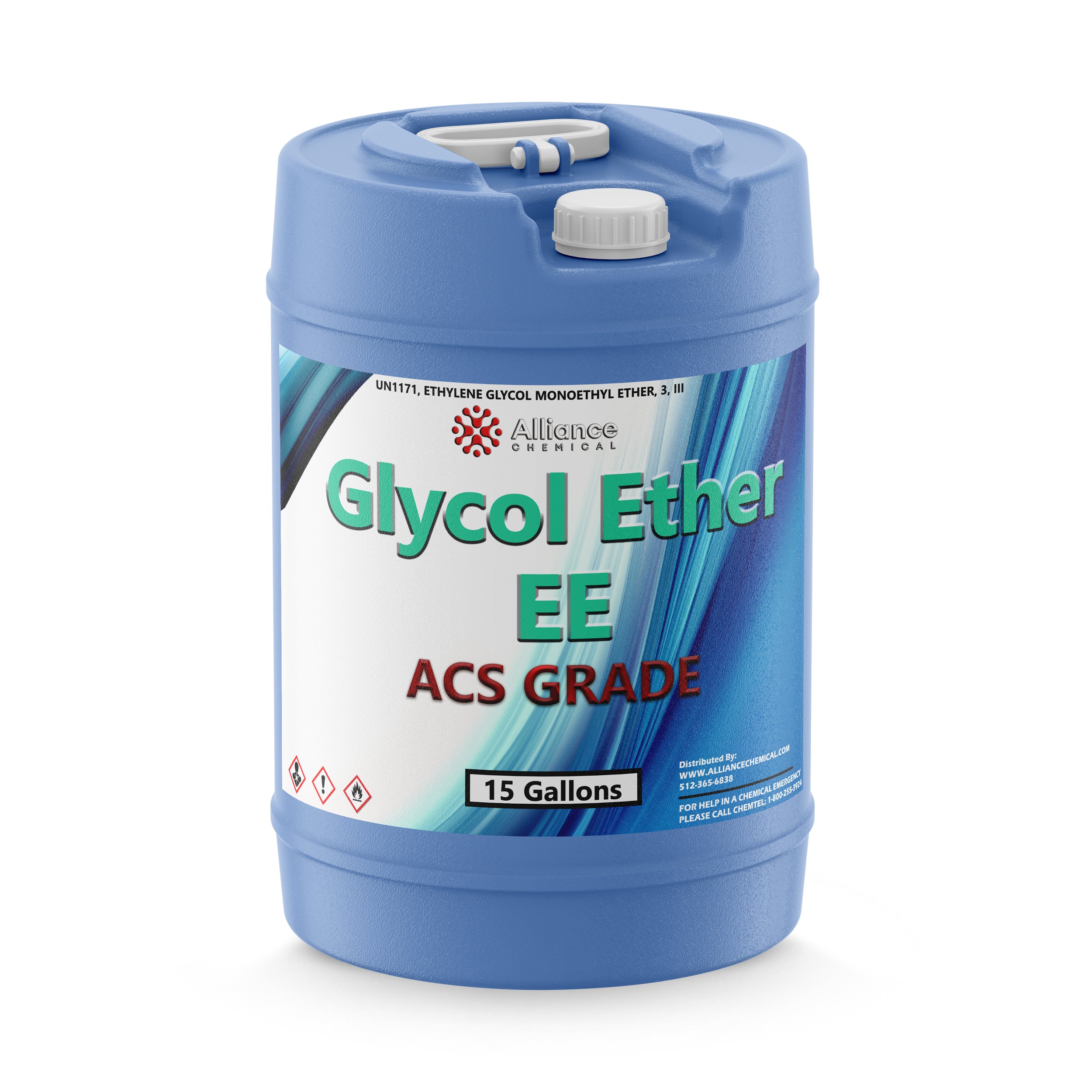 15-gallon blue HDPE carboy of Glycol Ether EE ACS Grade chemical from Alliance Chemical, featuring UN1171 marking and GHS hazard symbols.